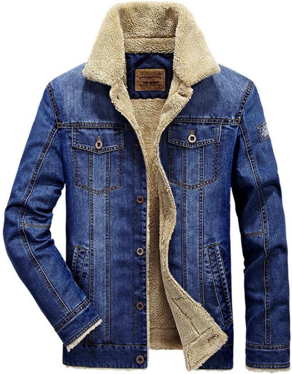 JEWOSORMens Plus Cashmere Winter Warm Fur Collar Denim Jacket Windbreaker Outwear Parka Coat (UK XX-Large/Tag Asia 4XL, Denim Blue)