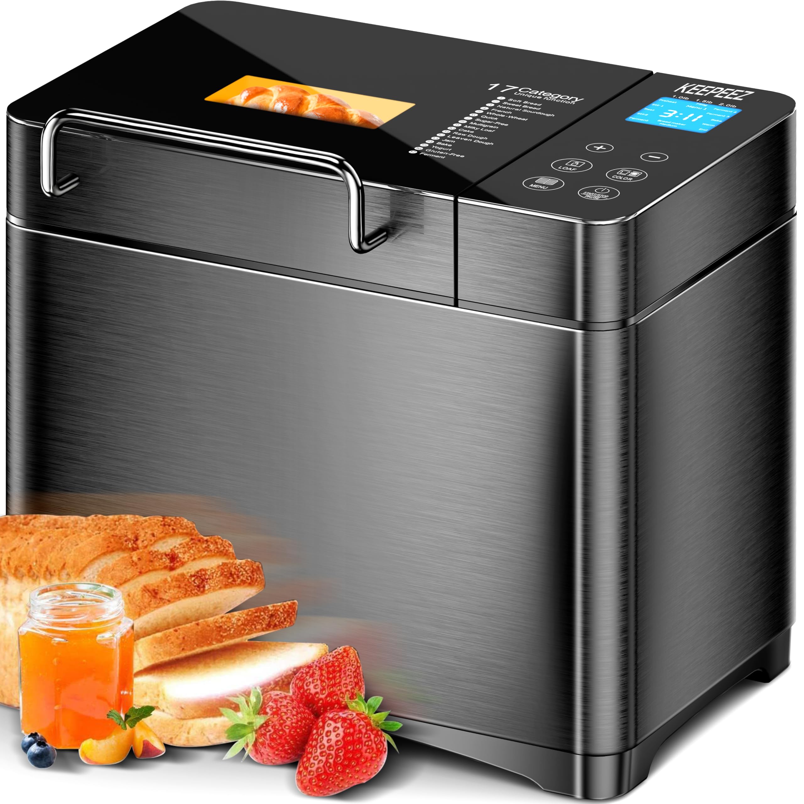 KEEPEEZ Premium 710W Convection Bread Maker, 2LB 17-in-1 Automatic Bread Maker Machine UK with Ceramic Pan, Nut Dispenser, Glass Touch Panel, Stainless Steel,15H Timer&Keep-Warm,Low-Noise