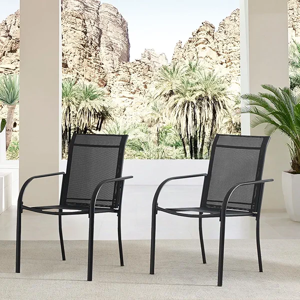 Outdoor Patio Dining Chairs Set of 2, Lightweight Stackable Patio Chairs with Curved Armrests & Wide Seat, Heavy Duty 300 lbs Capacity, Garden Chairs for Backyard, Deck, Poolside, Black