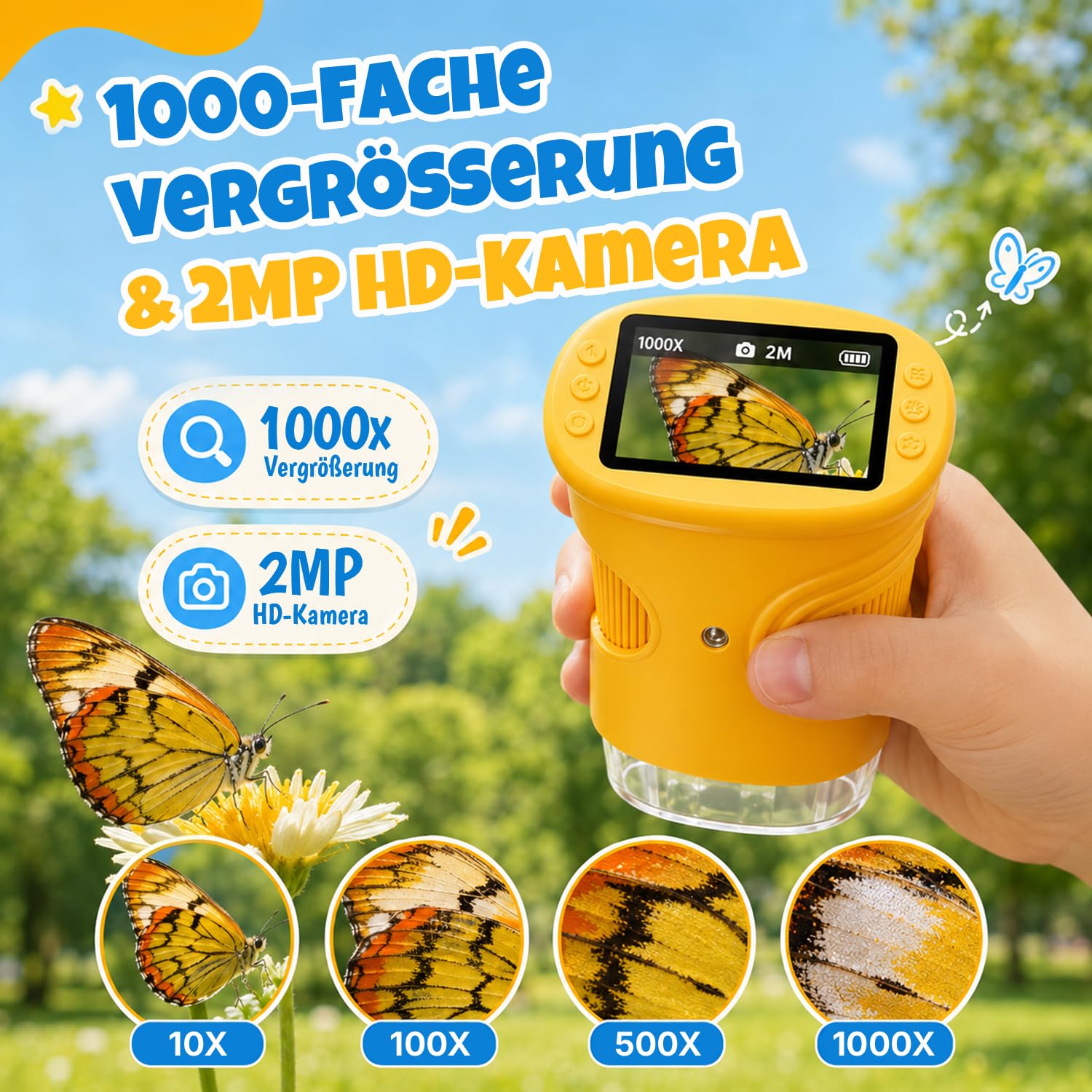 1000X Mikroskop für Kinder,1080P HD Handy Digital Tragbares Taschenmikroskop mit 2,4″ IPS-Display für Entdecker-Lupe & Experimente,Kindermikroskop mit Fotofunktion