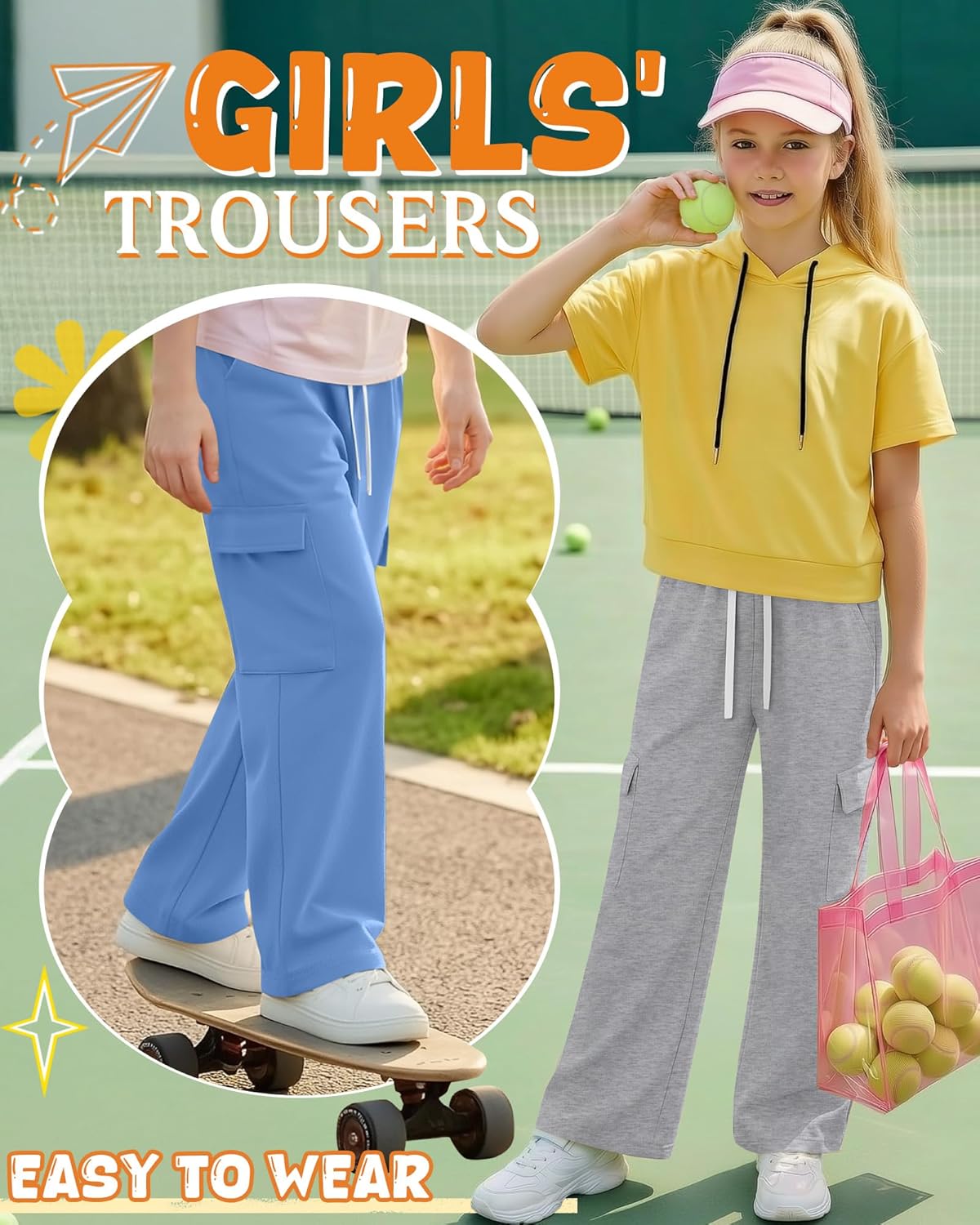 3 Pack Girls' Wide Leg Sweatpants Teen Baggy Cargo Pants Kids Drawstring Elastic Waistband Joggers with Pockets