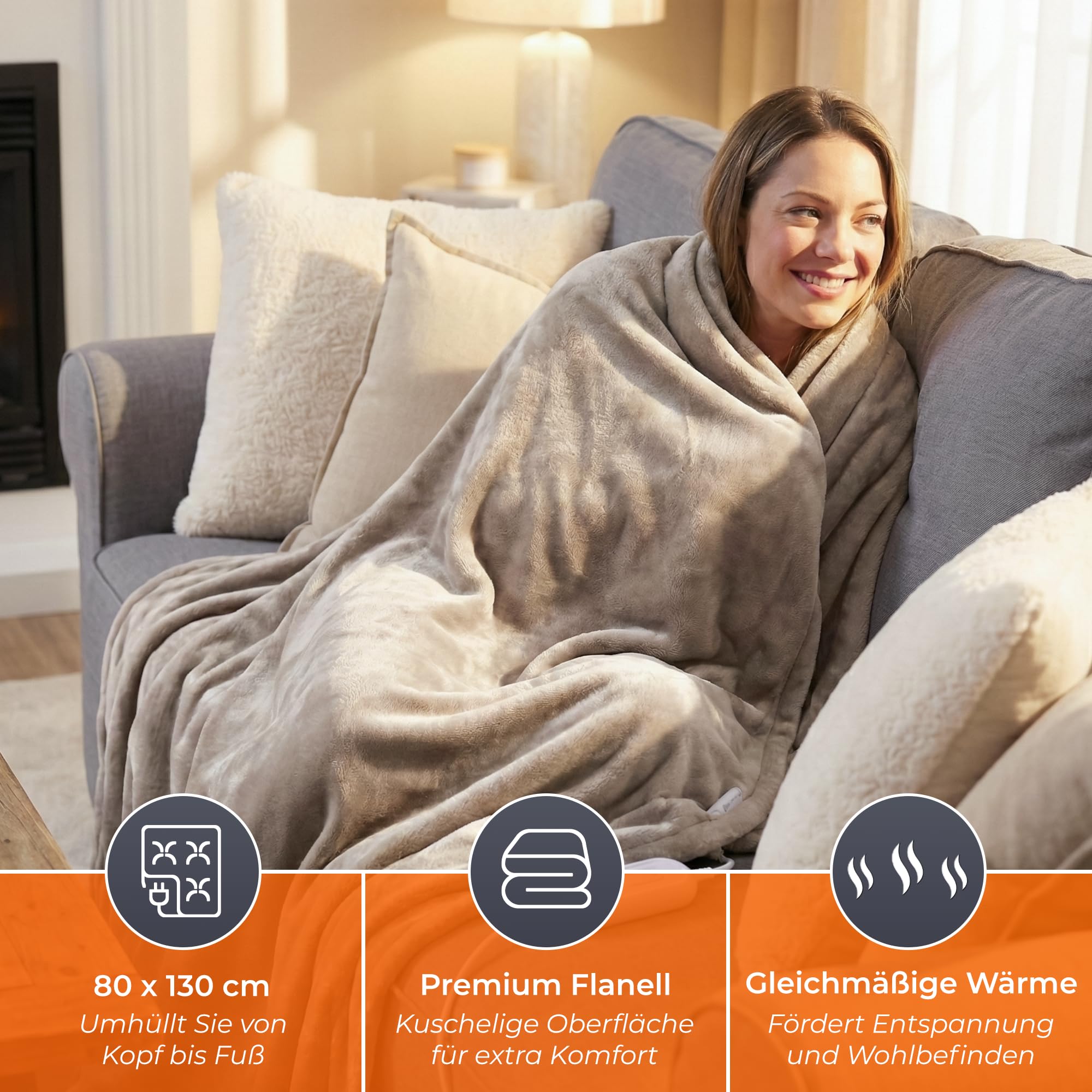 KLAMER Heizdecke mit Abschaltautomatik, 180x130 cm, waschbare Wärmedecke, 9 Temperaturstufen, elektrische Heizdecke geeignet für Bett, Sofa und Büro, beige