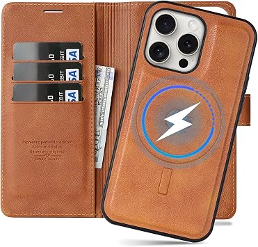 iPhone 16 Pro Max Case, 2-in-1 Detachable, Wireless Charging Compatible, Leather, Brown