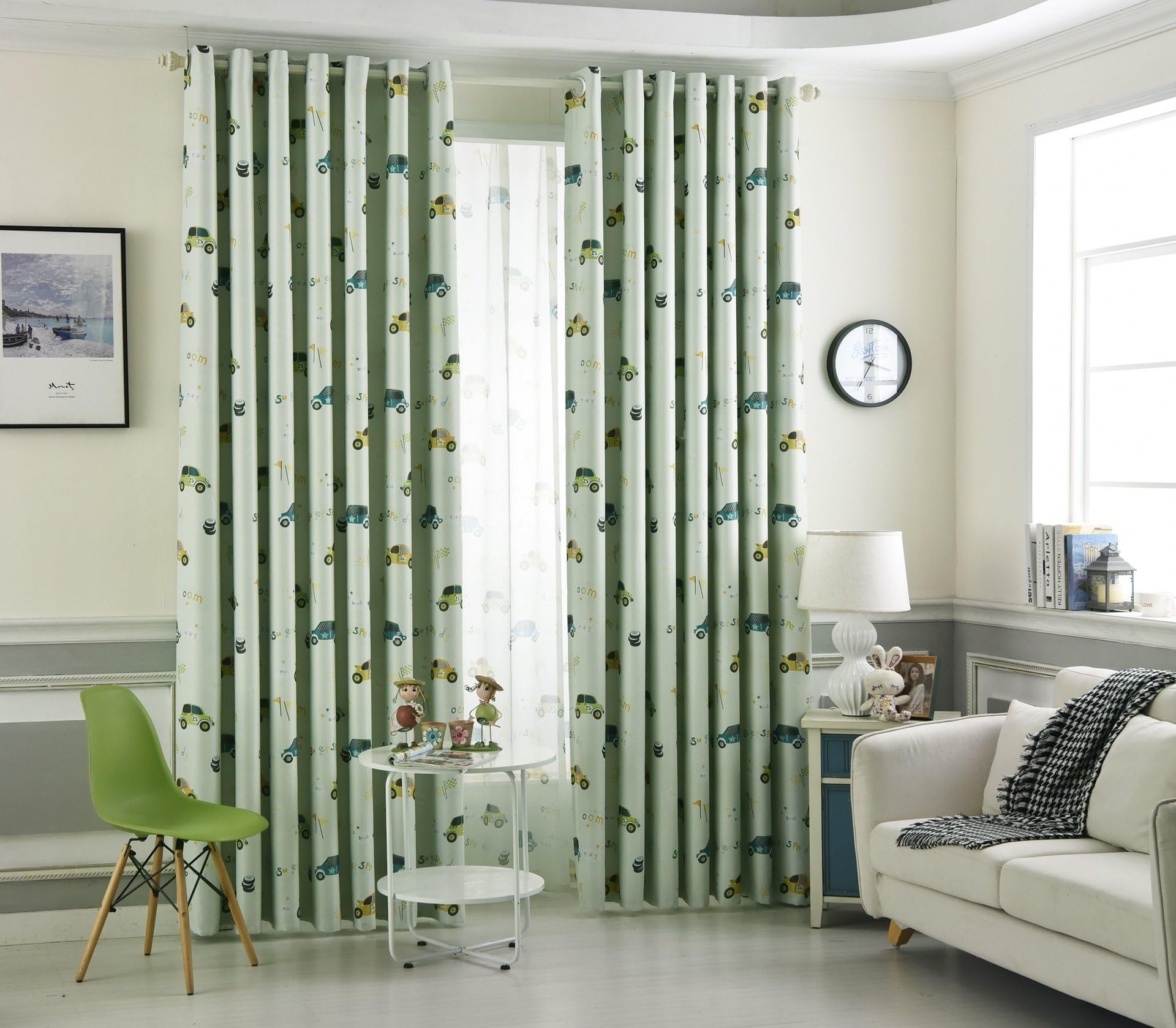 Amidoudou 2er-Set Vorhänge Auto Kinderzimmer,Vorhänge Kinderzimmer Junge,Vorhänge für Kleine Fenster (Grün,230 x 140 cm)