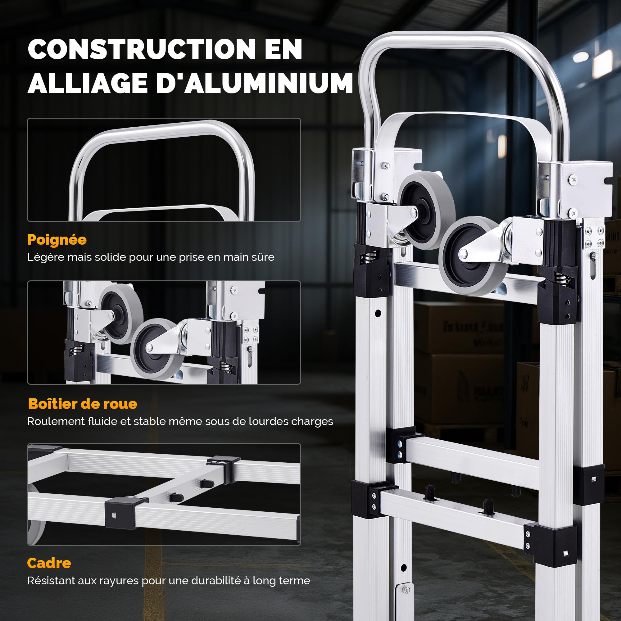 CREWORKS 2 en 1 Diable Pliable Chariot de Déménagement Convertible, Charge 110kg/270kg Hauteur Réglable, Roues Pivotantes Verrouillables, en Alliage d'Aluminium