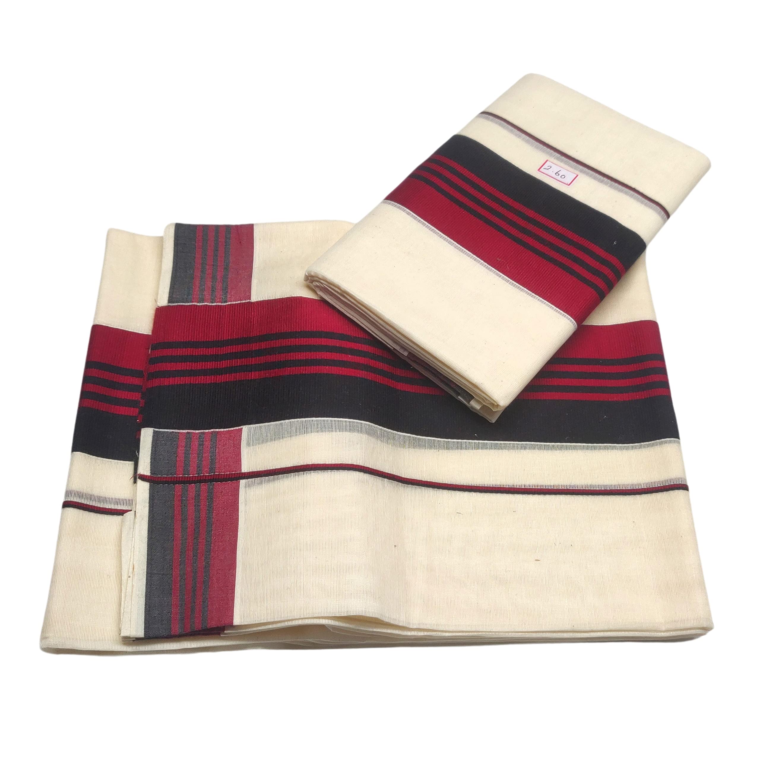 MAT MAARIAMMAN TEXTILE - The Place of Honourable GoodsMAT Kuthampully Cotton Kasavu Kattikara Lines Cotton Set Mundu Saree For Women with 3 inch Kuri - 2.60 Meters Shawl