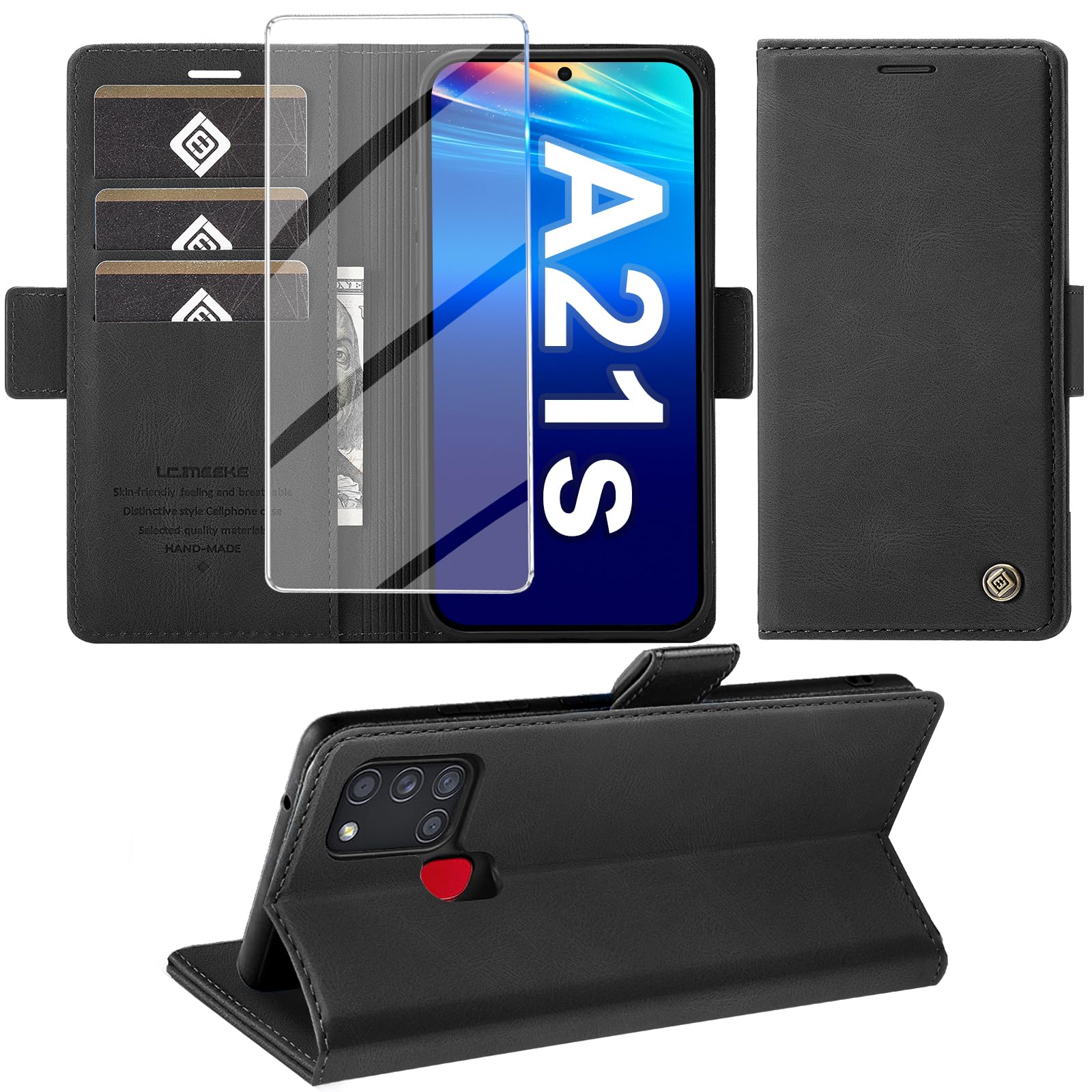 Giyer Handyhülle für Samsung Galaxy A21S Hülle mit Displayschutzfolie, Schutzhülle Galaxy A21S PU Leder Wallet Flip Case Standfunktion Kartenfach Klapphülle für Samsung A21S Tache Cover (Schwarz)