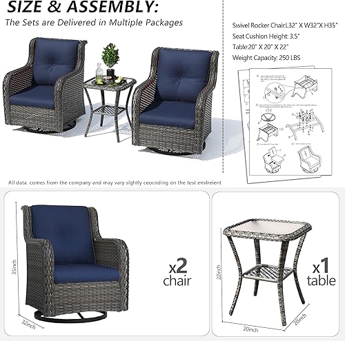 Miniatura 3 de Juego de 2 sillas de patio giratorias de 360 grados para exteriores y mesa auxiliar a juego  3 sillas deslizantes de mimbre para patio con cojines