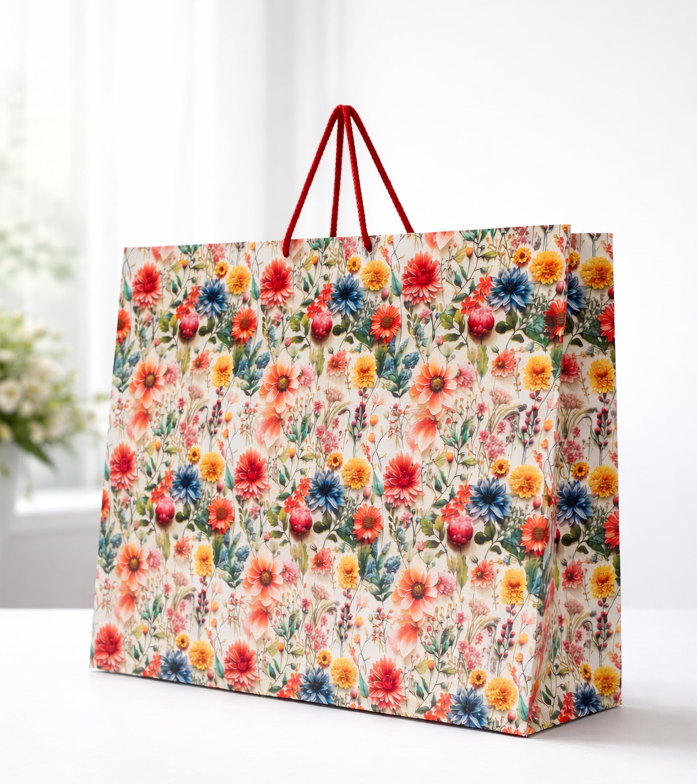 KOSY Extra Large Paper Bags - Pack of 20 | 45x10x35 cm | Eco-Friendly Kraft Bags for Shopping, Gifts, Retail, Grocery, Recyclable & Biodegradable. (Multi Flower)-image-8