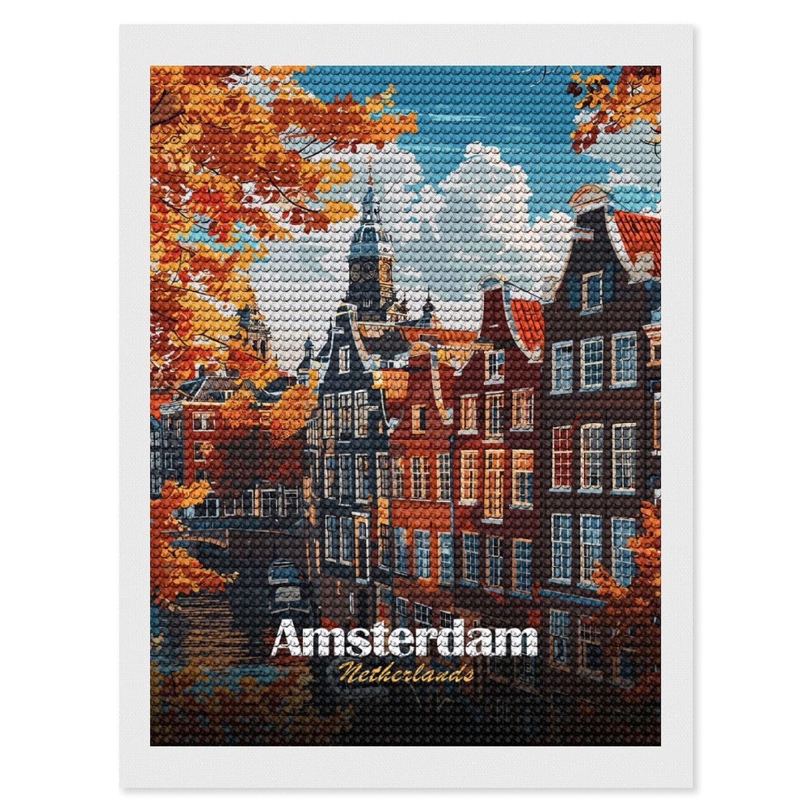 Junmoney Amsterdam Netherlands Autumn Cityscape Illustration DIY Diamond Art Canvas Kit 12"x16", Complete Accessories, Creative Leisure Activity, Home Wall Decor, Gift Idea