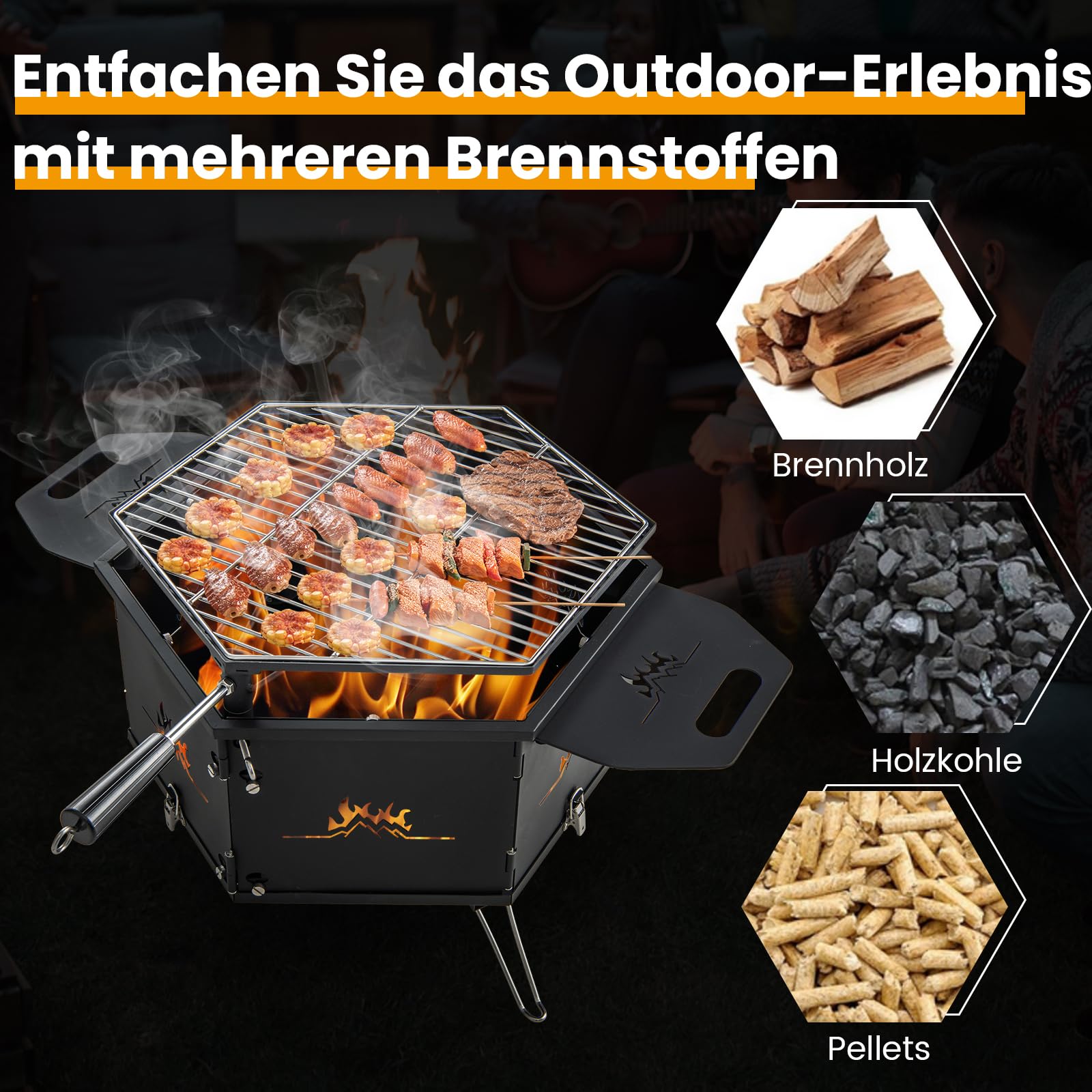 GYMAX 2 in 1 Holzkohlegrill klappbar & Feuerkorb, großer Campinggrill mit verstellbarem Grillrost & Lüftungslöchern, Grill zum Heizen & Grillen, Klappgrill für Partys, Camping & Picknicks