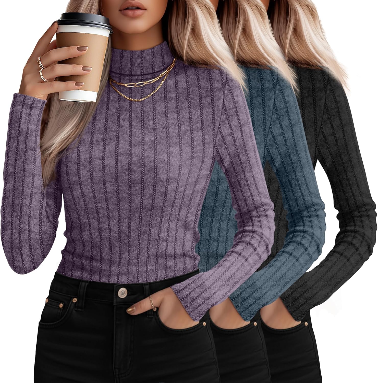 3 Pack Women's Mock Turtleneck Sweaters, Long Sleeve Ribbed Knit Tops, Fit Soft Thermal Underwear, Lightweight Fall Pullover(Purple, Blue, Black,XXL)