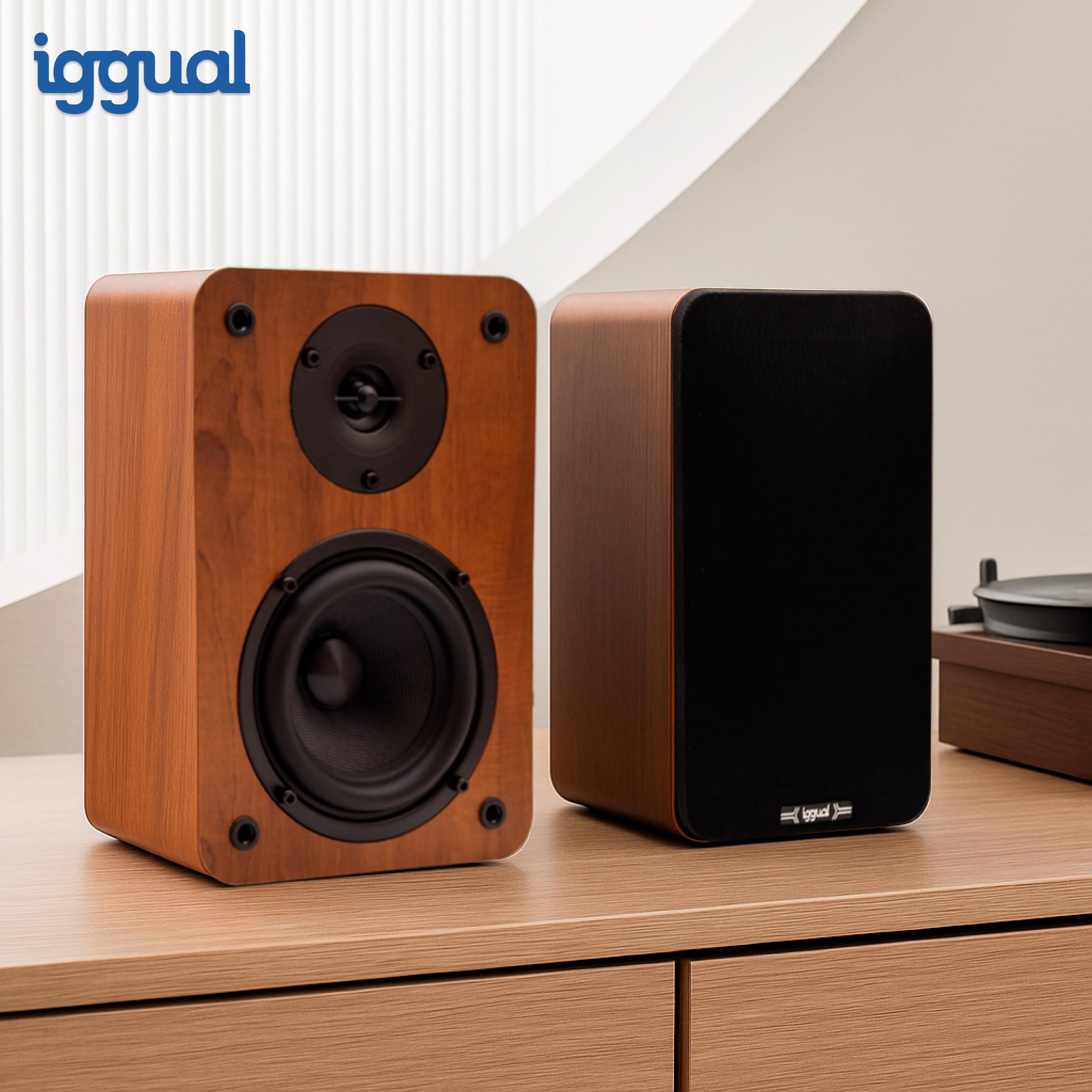 iggual- Altavoces Activos Bluetooth para Ordenador 50W - Altavoz de estantería 2.0. -Home Studio.- Conectividad: Bluetooth 5.3, USB, 2 x RCA (estéreo), HDMI ARC, Óptico Digital Mando a Distancia