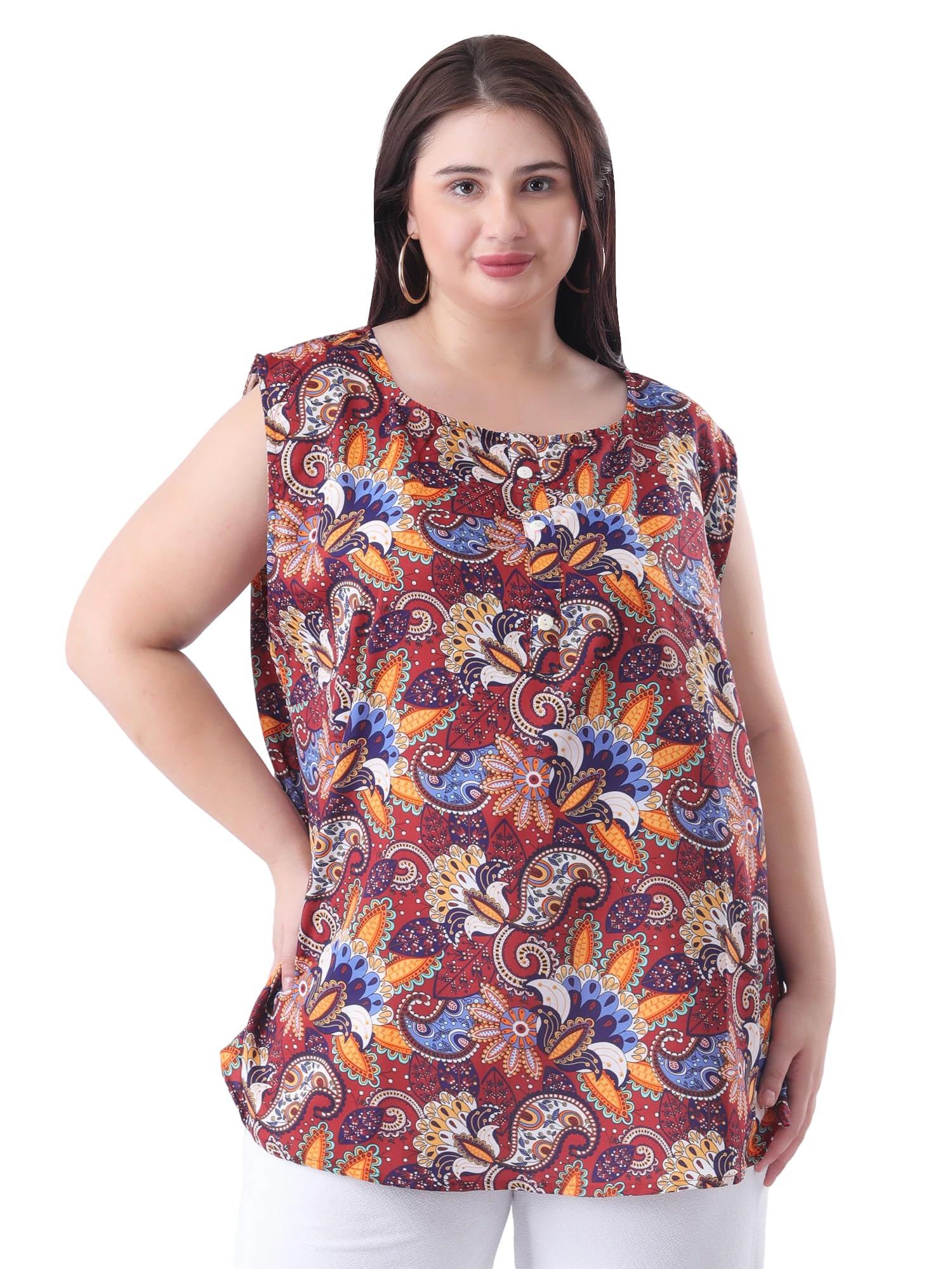 POREARMA Women Plus Size Blue Floral Sleeveless Top & Tunic with White Flowers Print Everyday Out Door Casual Formal-picture-11