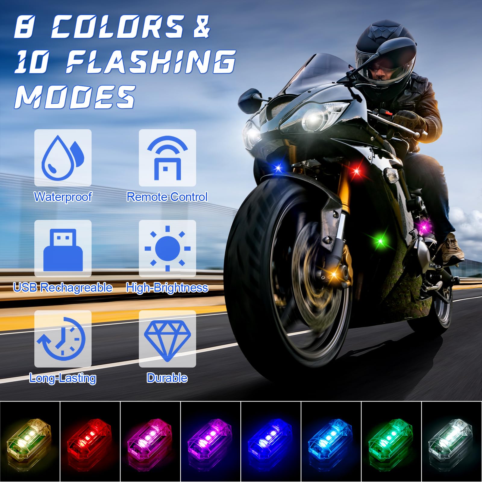 BrightArk 4 pezzi Luce Stroboscopica per Auto Mini LED da Esterno con Telecomando Wireless 8 Colori e Tre Luminosità e Ricarica USB per Auto, Drone, Moto, Volo Notturno