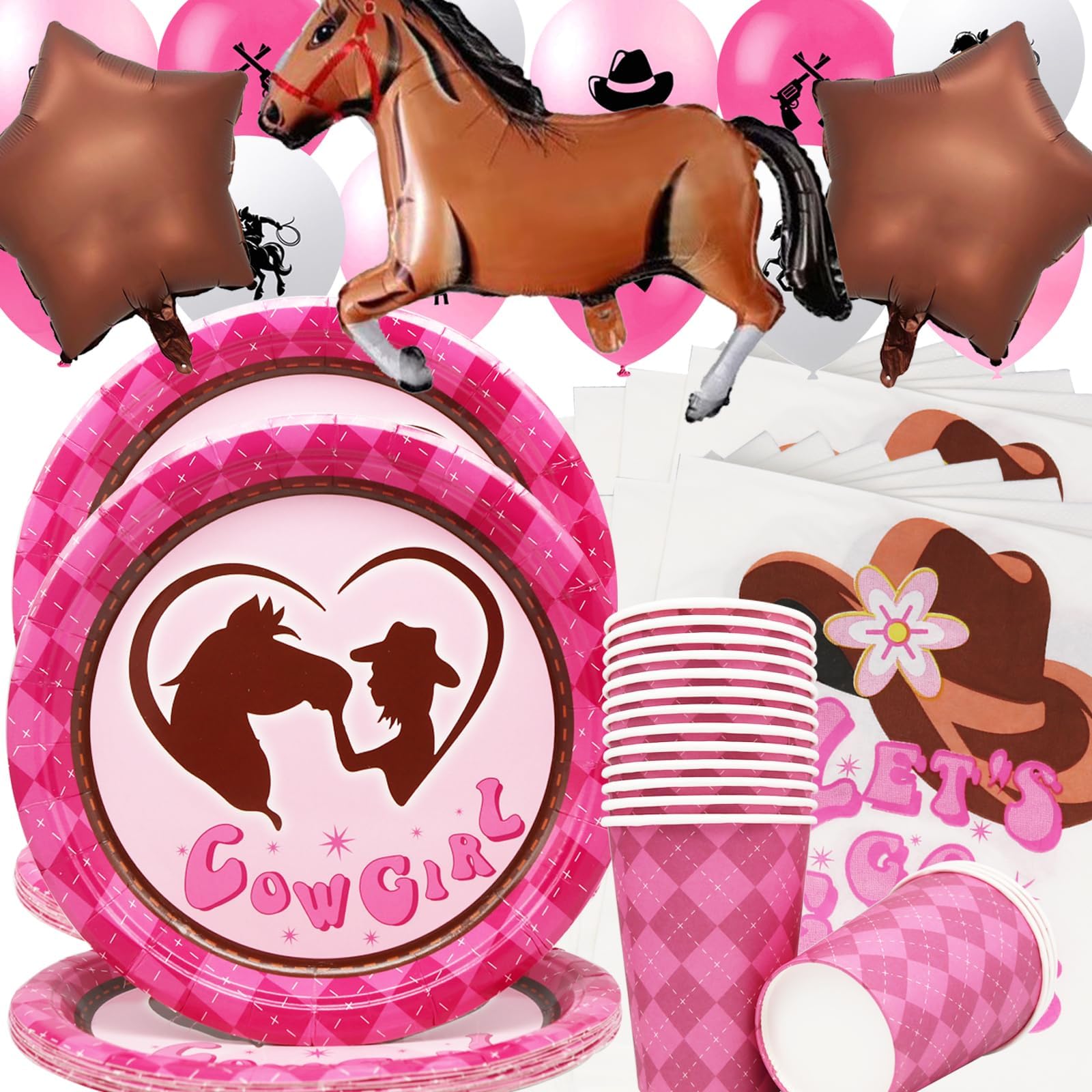 Doyomtoy Birthday Party Tableware, Horses, 63 Pieces, Western Cowgirl Birthday Party Set, Paper Plates, Cups, Napkins, Balloons, Western Cowboy Theme Party Balloons Decoration