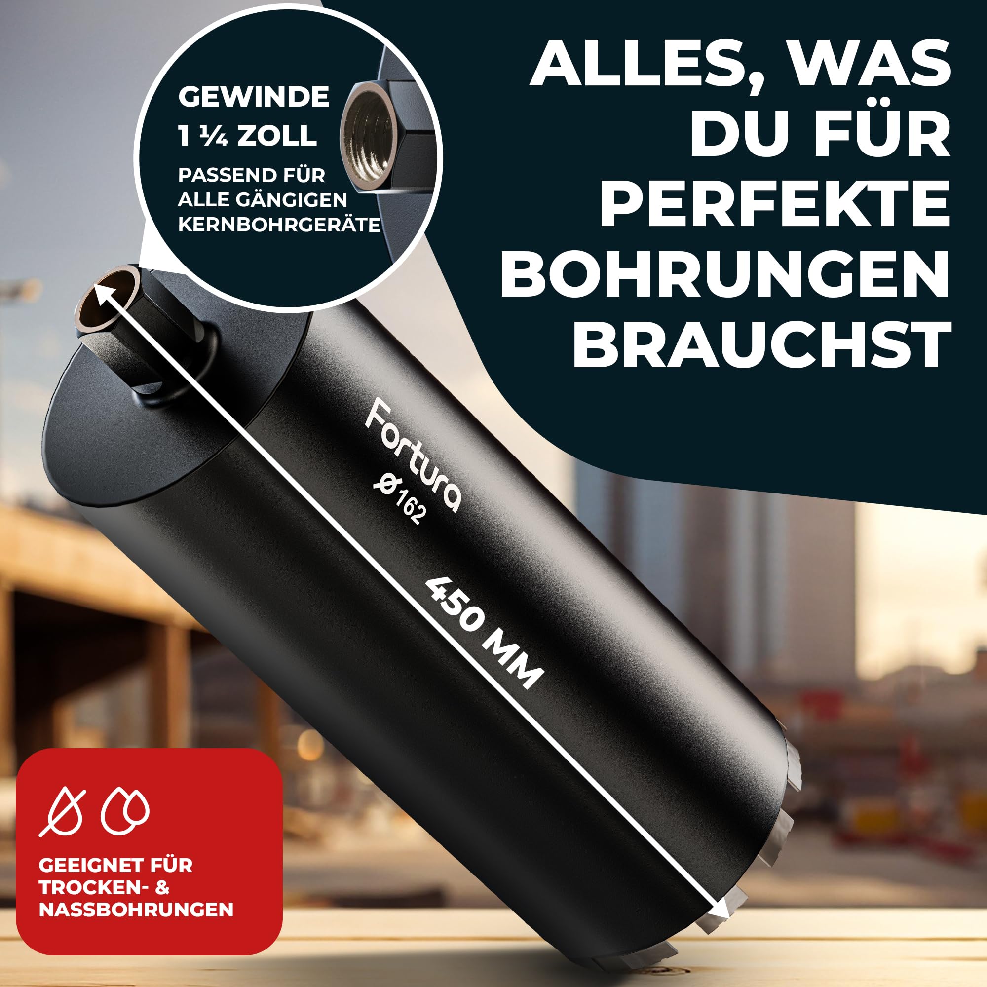 Fortura Broca de núcleo de 42 – 162 mm/400 mm de longitud/1 ¼ pulgadas (Ø162 x 400 mm), broca de diamante, corona de diamante, para albañilería