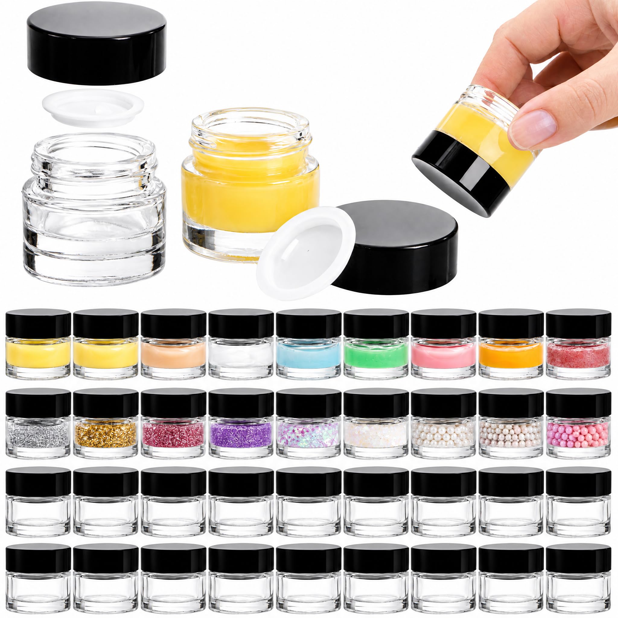 Coloch Paquete de 70 tarros de vidrio de 10 ml de grosor con tapa hermética, recipiente redondo transparente para bálsamo labial, frasco de muestra pequeño para cosméticos, loción, crema, maquillaje