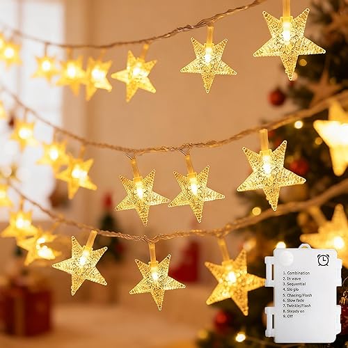 echosari Cadena de luces con forma de estrella, funciona con pilas, temporizador automático, luces LED de hadas con forma de estrella de 158
