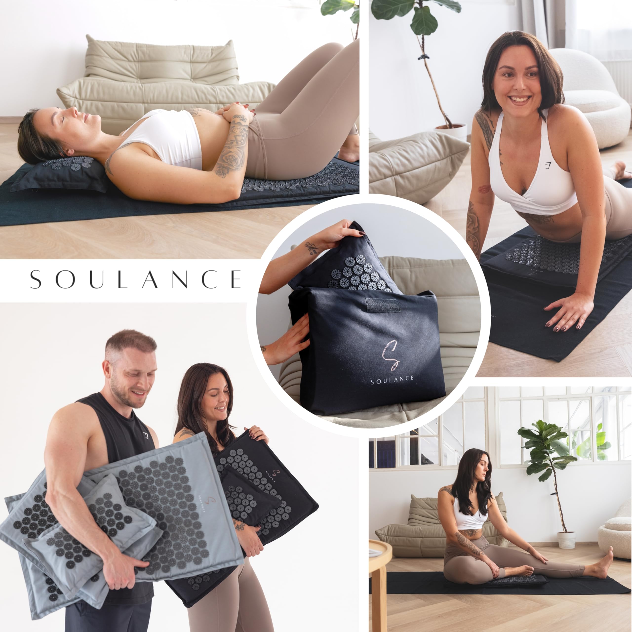 SOULANCE Akupressurmatte gegen Rückenschmerzen, Akkupressmatte,Massagematte | 5 in 1 Set, Akupunktur Matte,Kokosfaserfüllung,Massagematte,Akupressurmatte Set mit Kissen,Ganzkörper,Fakirmatte,Stachelmatte