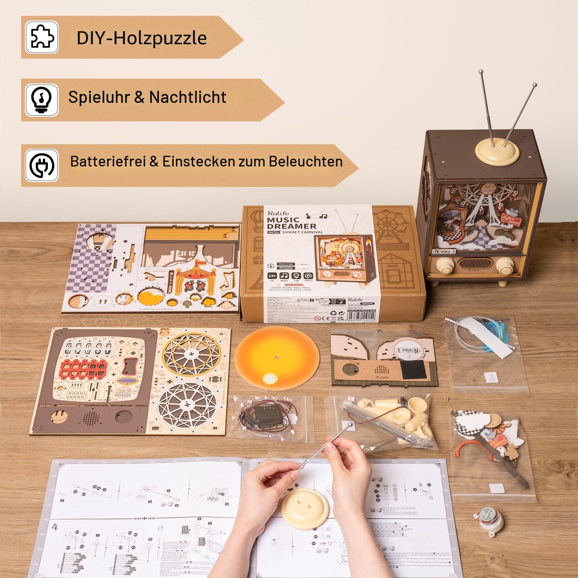 Rolife 3D Puzzles Holz Spieluhr Sonnenuntergang Karneval Miniatur Szene Retro Fernsehen Modell Bausätze für Erwachsene zu Bauen LED Nacht Lichter Plug in 174pcs (AMT01)