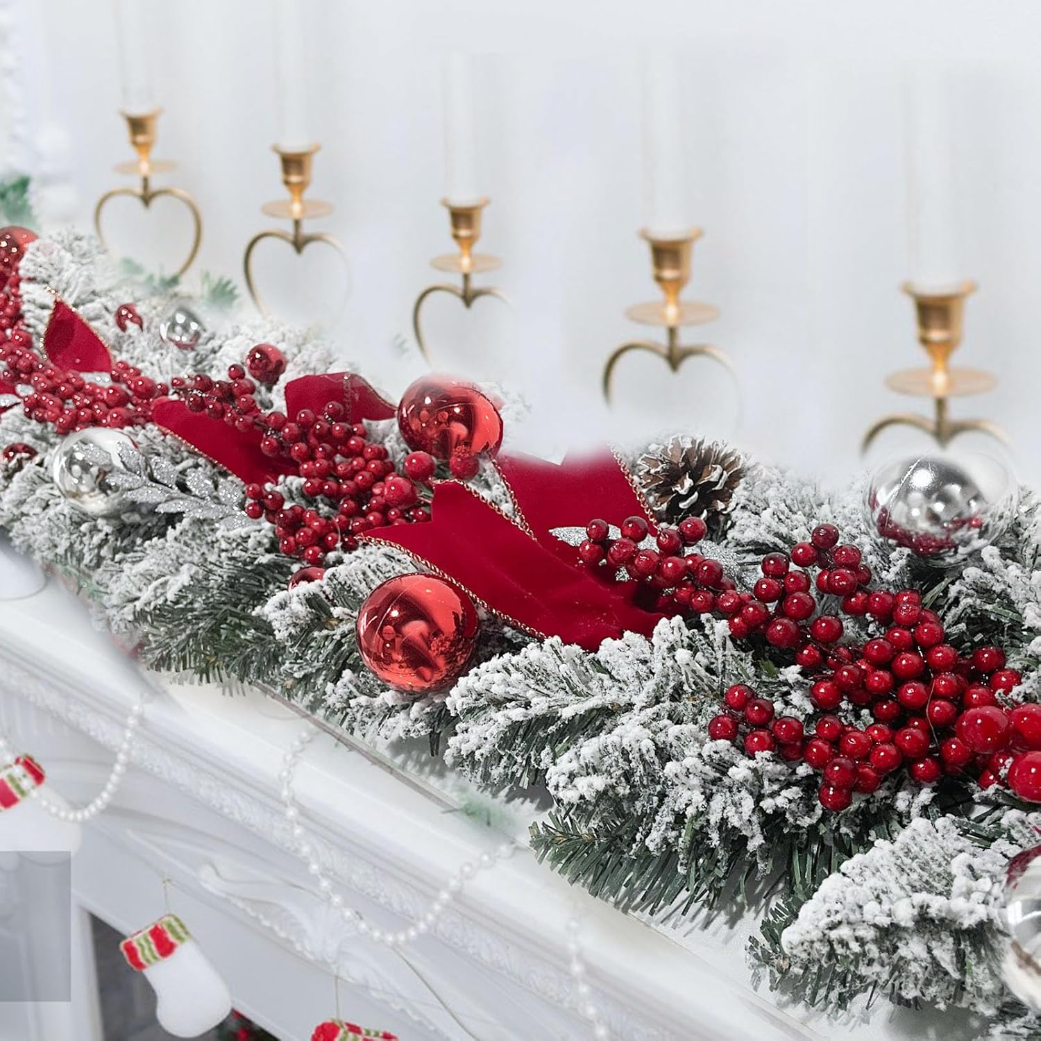 3.93Ft Christmas Garland with Pinecones Red Berries Bows Christmas Balls Ornaments Snow Flocked Artificial Xmas Wreath Decor for Staircase Railing Indoor Outdoor (White)