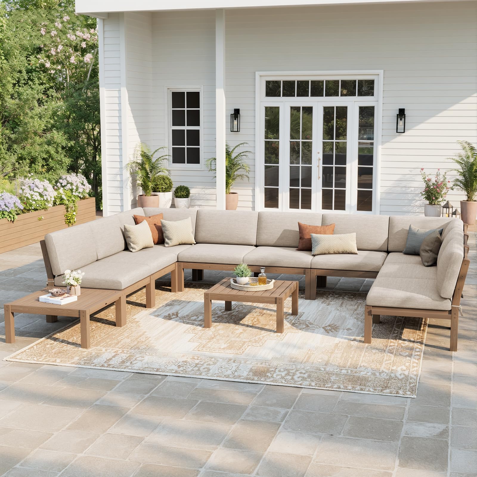 Stoog 11-Piece Patio Furniture Set, U-Shaped Modular Patio Sofa Set - Gap-Free &amp; No Shifting Design, HIPS Frame &amp; Olefin Cushions for All-Weather Use, Teak