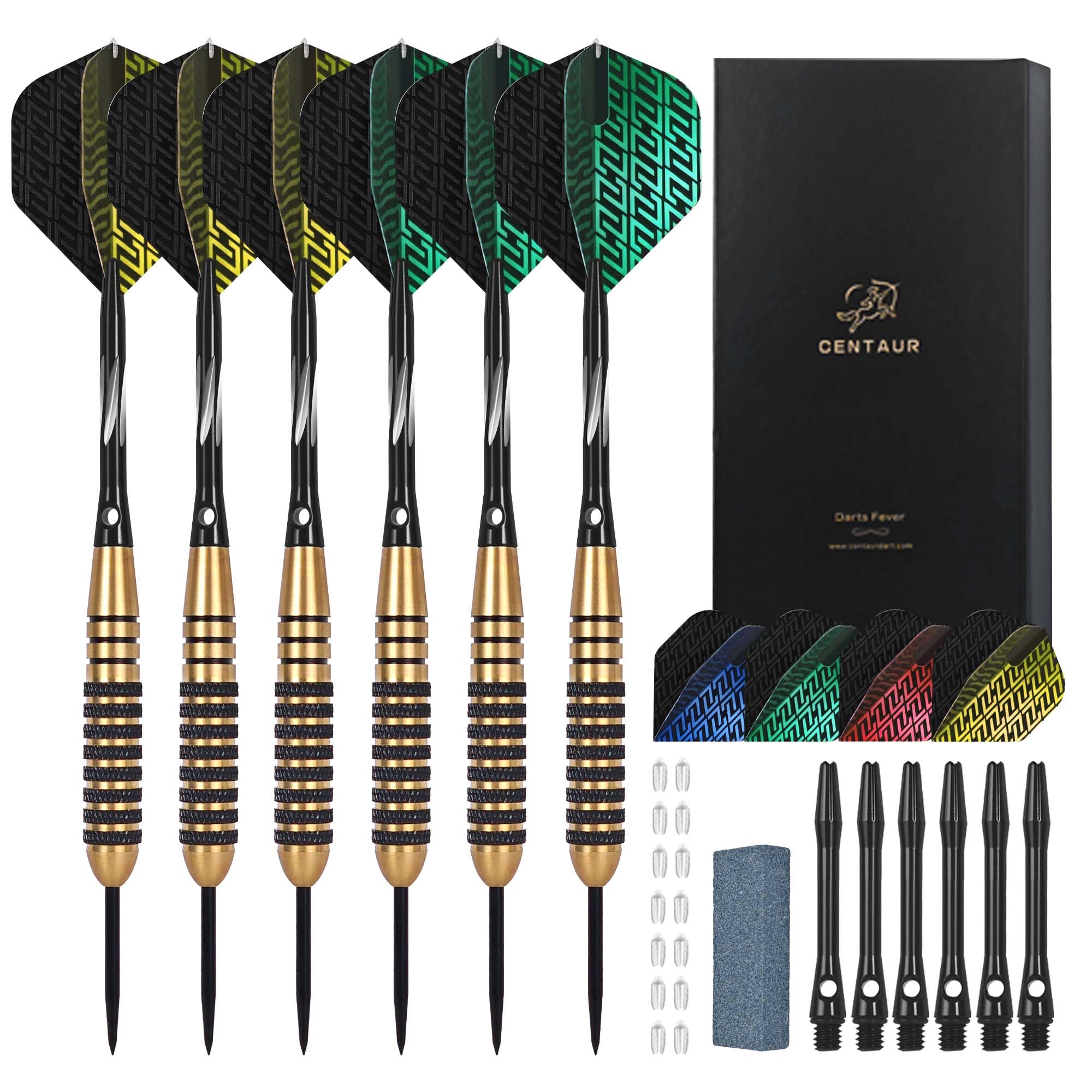 centaur Professional Steel Tip Darts Set - 6 Pack 22g Brass Barrels with 12 Aluminum Shafts (35/48mm), 16 PET Flights, 15 Protectors, Sharpener & Travel Case - Metal Darts Kit for Beginners & Pros