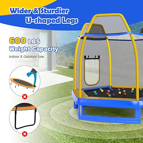 Miniatura 4 de GYMAX Trampolín para niños, cama elástica de 7 pies aprobada por ASTM con tobogán, escalera, pelotas y tapetes oceánicos, trampolín recreativo