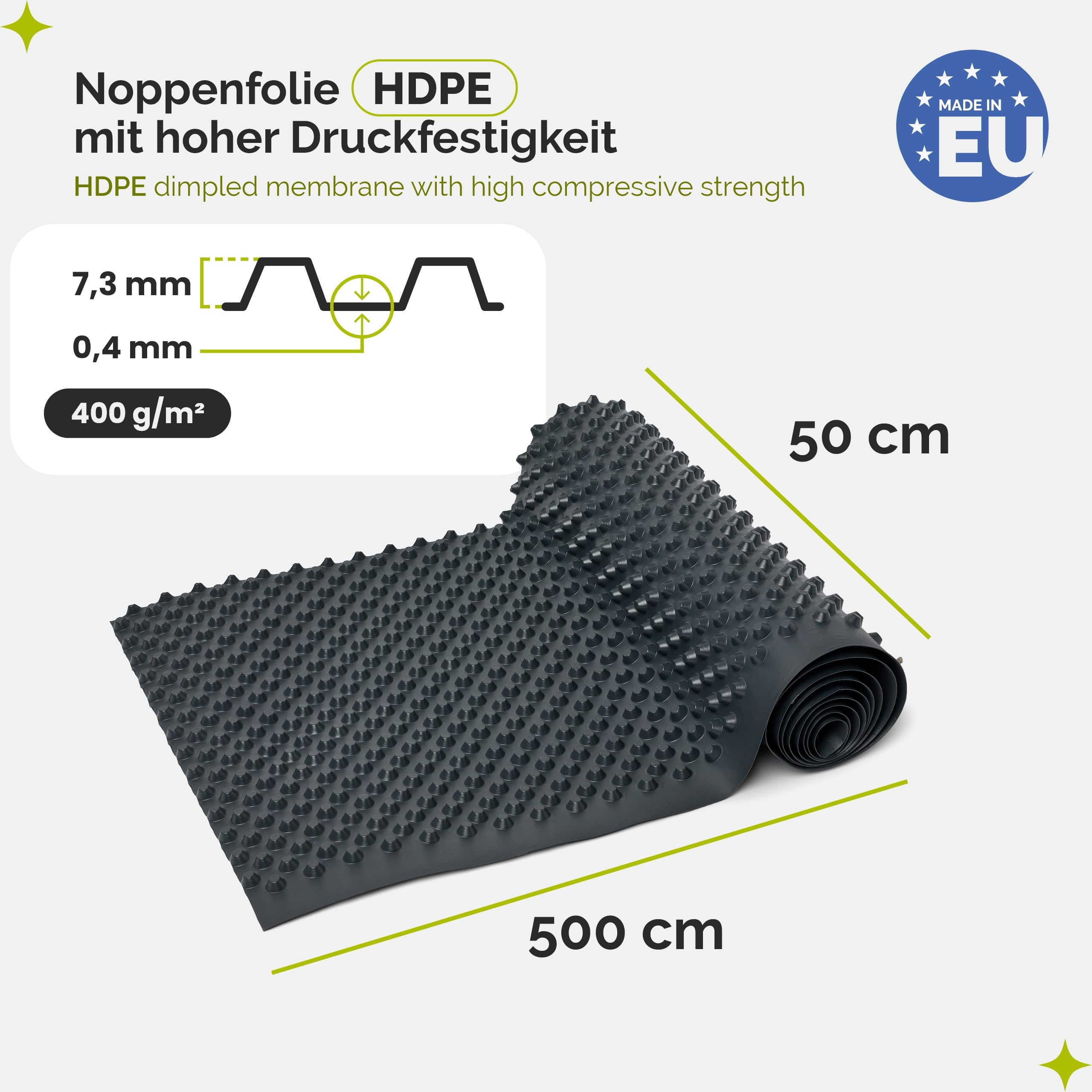 Garronda Noppenfolie 0,5 m x 5 m aus HDPE 400 g/m² mit hoher Druckfestigkeit - Mauerschutz und Bauwerksabdichtung - Drainagebahn für Keller, Grundmauern, Hochbeet - Feuchtigkeitssperre GD-0160