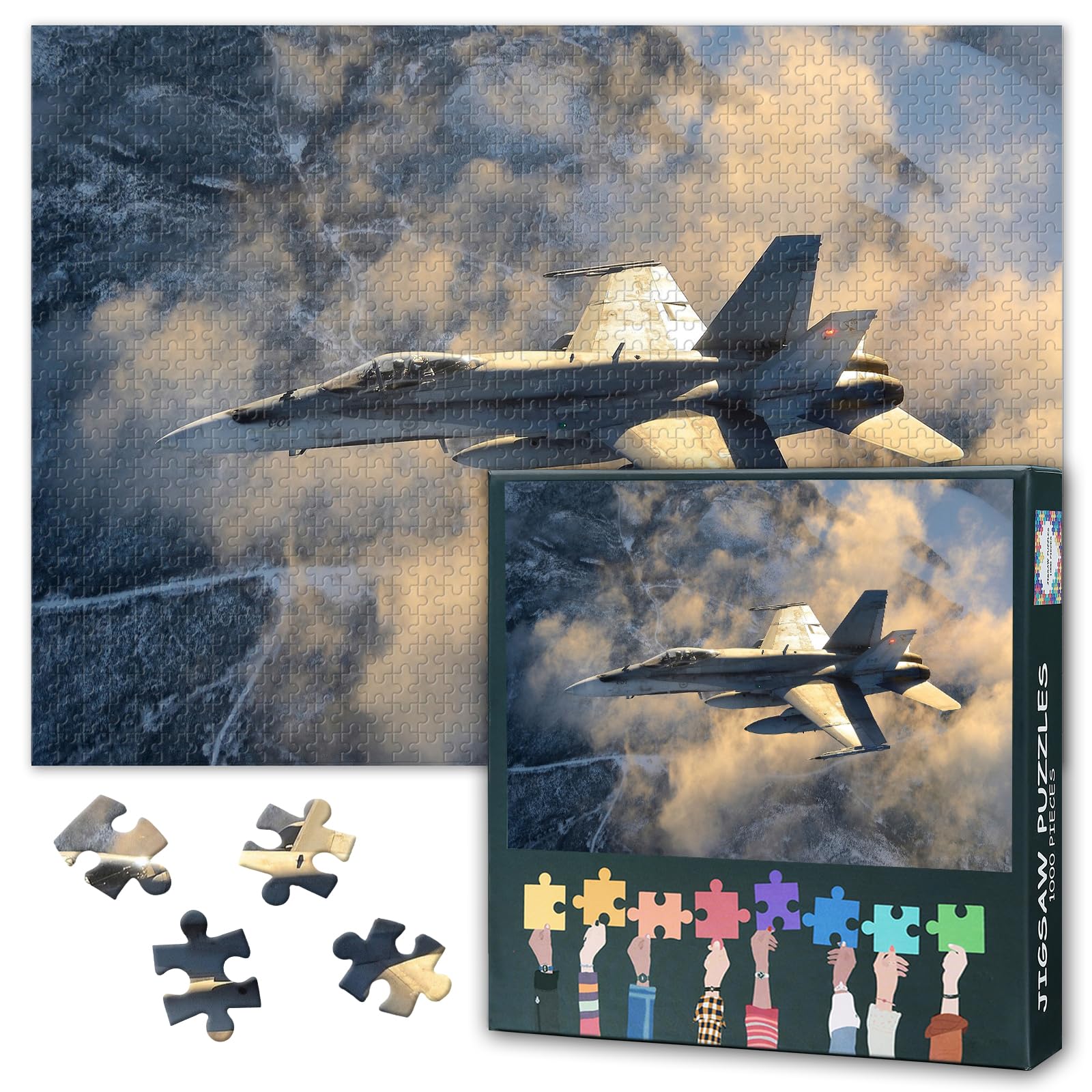 F18 Fighter Jet Jigsaw Puzzles for Adults 1000 Piece Aviation Wall Art Painting Vintage Airplane Picture Military Poster Home Library Study Room Decor Retro Gallery Craft Premium Paper 27.5x19.7 Inch