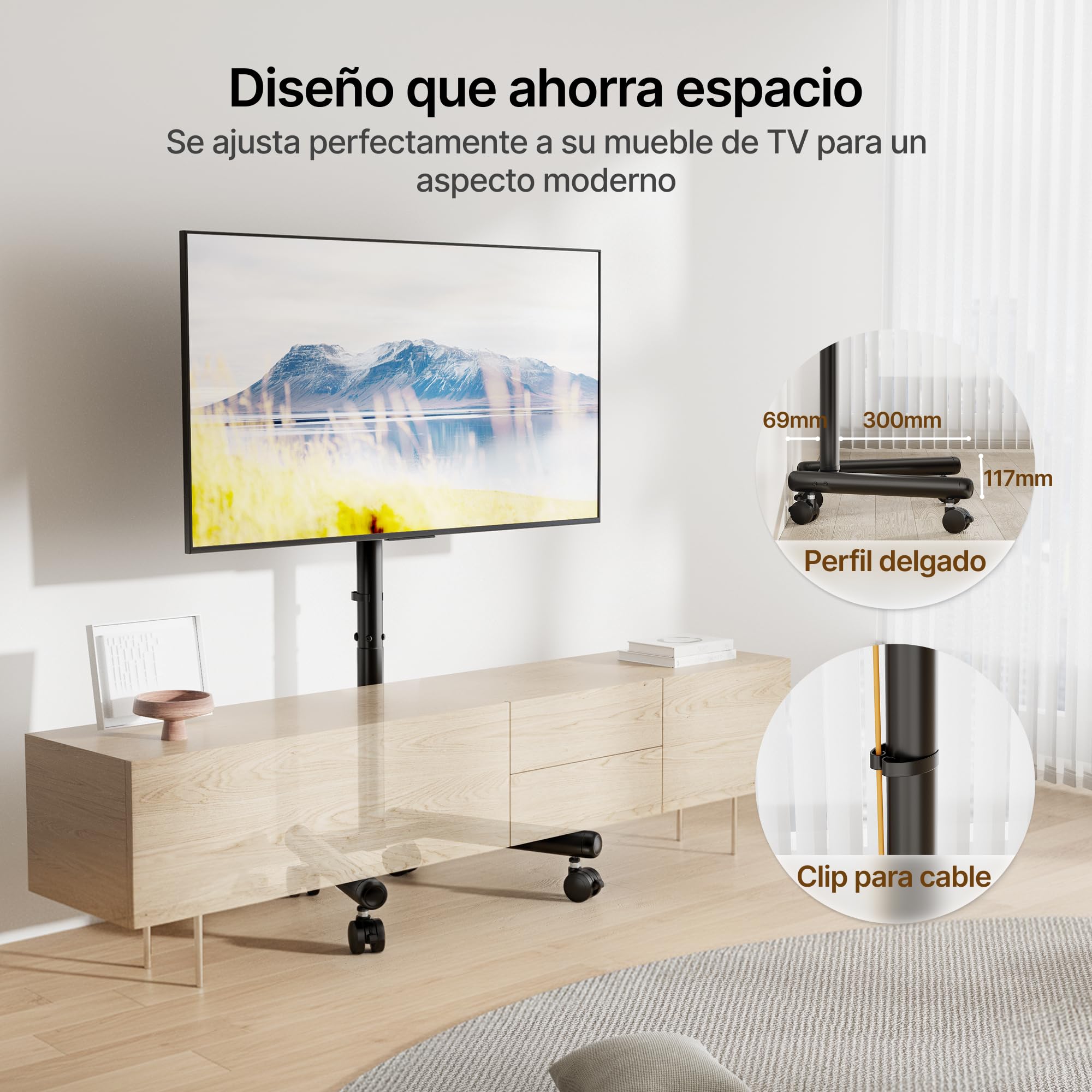 Soporte TV con Ruedas 13-50" | Soporta 25 kg, VESA 200x200, altura ajustable, giro 360° e inclinación, ruedas silenciosas, diseño ahorra espacio