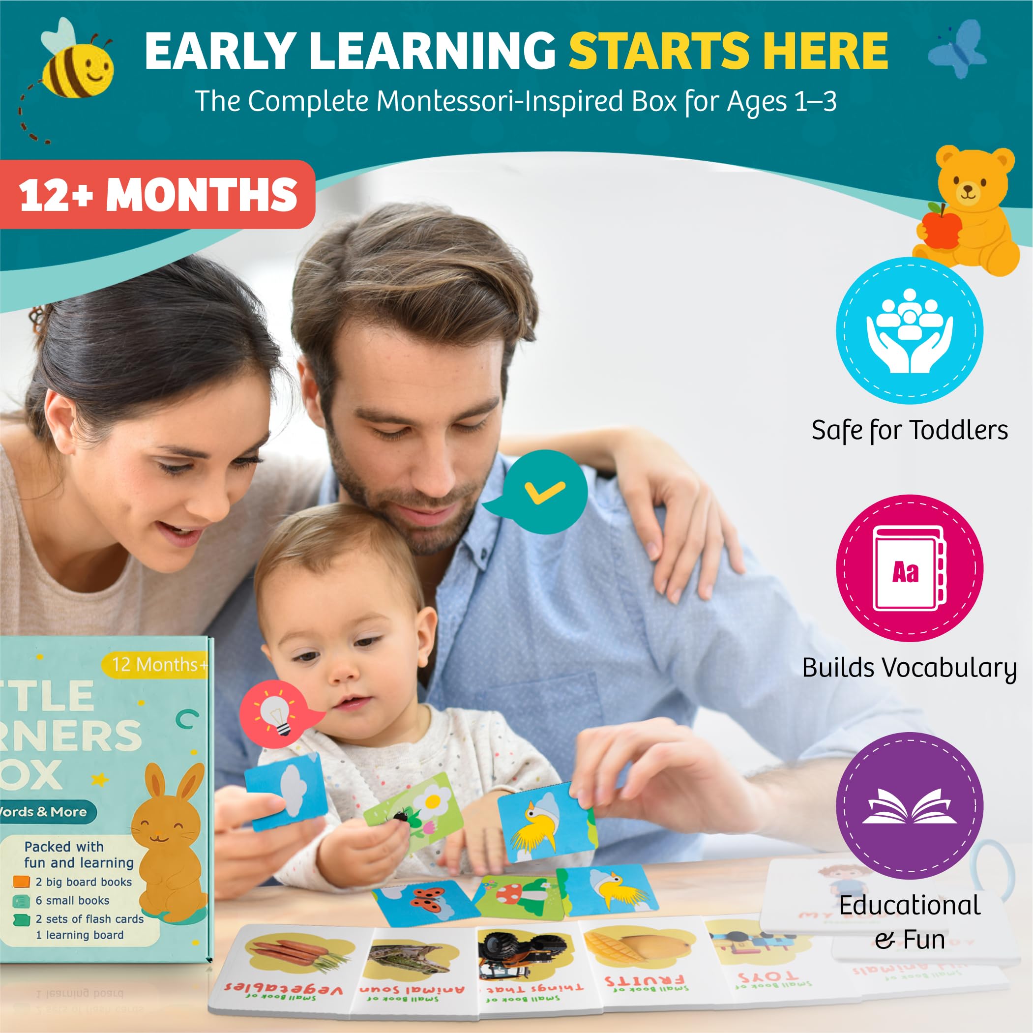 EDUKIDS Little Learners Box – Caja Montessori Educativa 1–3 Años con Libros, Flashcards en Inglés, Tablero de Actividades | Juguete Educativo de Lenguaje y Vocabulario | Regalo Bebé Niño Niña