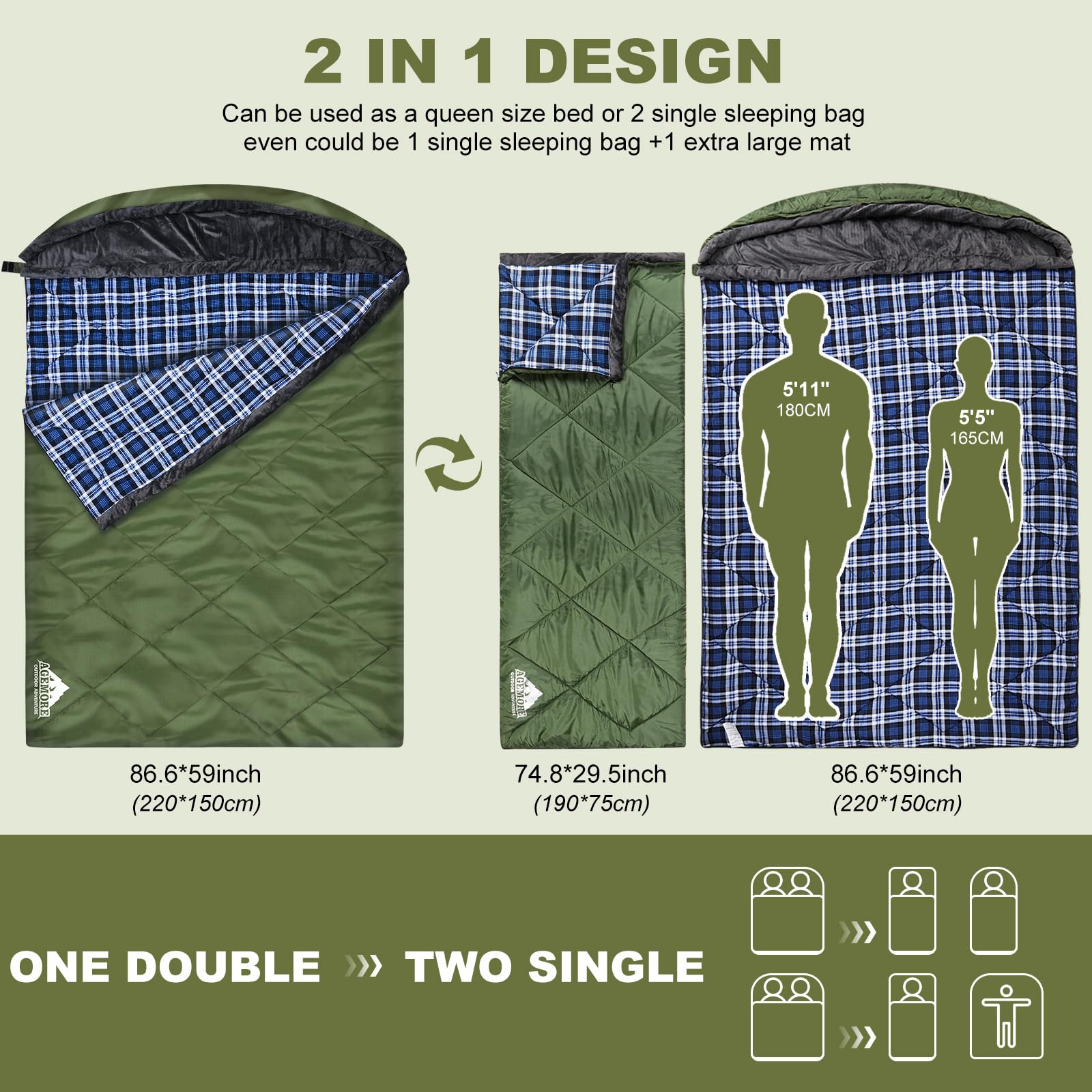 Saco de Dormir Doble de Franela de algodón con Capucha con Forro Polar, Impermeable, tamaño Queen, para 2 Personas, para Adultos, Clima frío, Camping, mochilero o Senderismo, 3-4 Estaciones