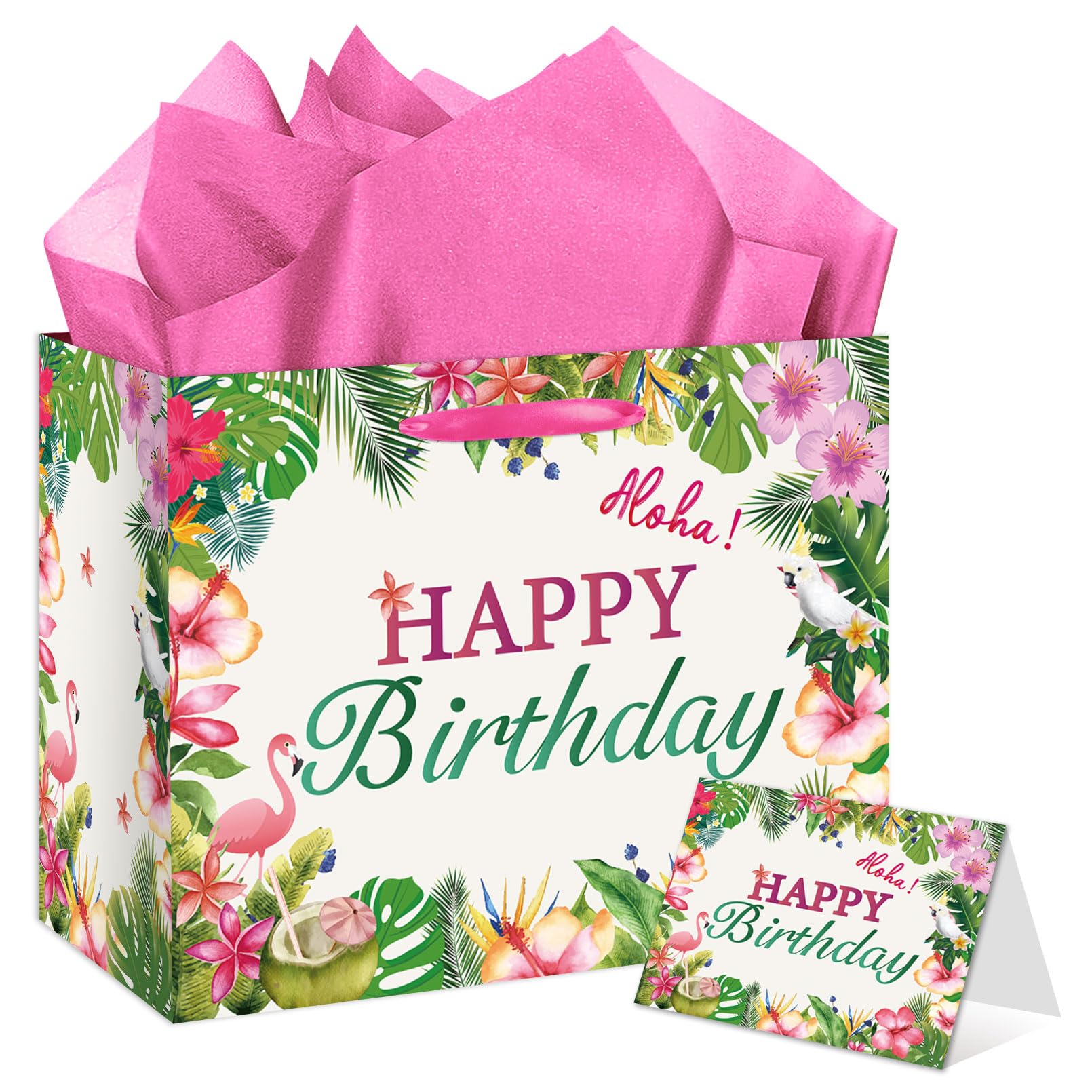 EIGHTSTATES Hawaiian Birthday Gift Bag Large Aloha Happy Birthday Party Decorations - Tropical Summer Beach Pool Party Favor Supplies - Includes Tissue Papers & Greeting Card - Luau Theme Gift Bags