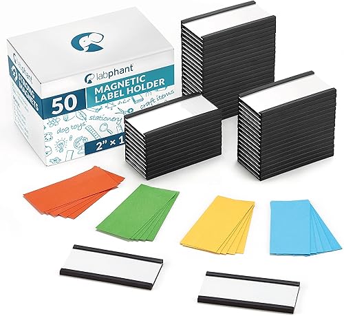 Paquete de 50 soportes magnéticos para etiquetas de canal "C" de 1 x 2 con 100 insertos de tarjetas blancas, 50 protectores de plástico transparente