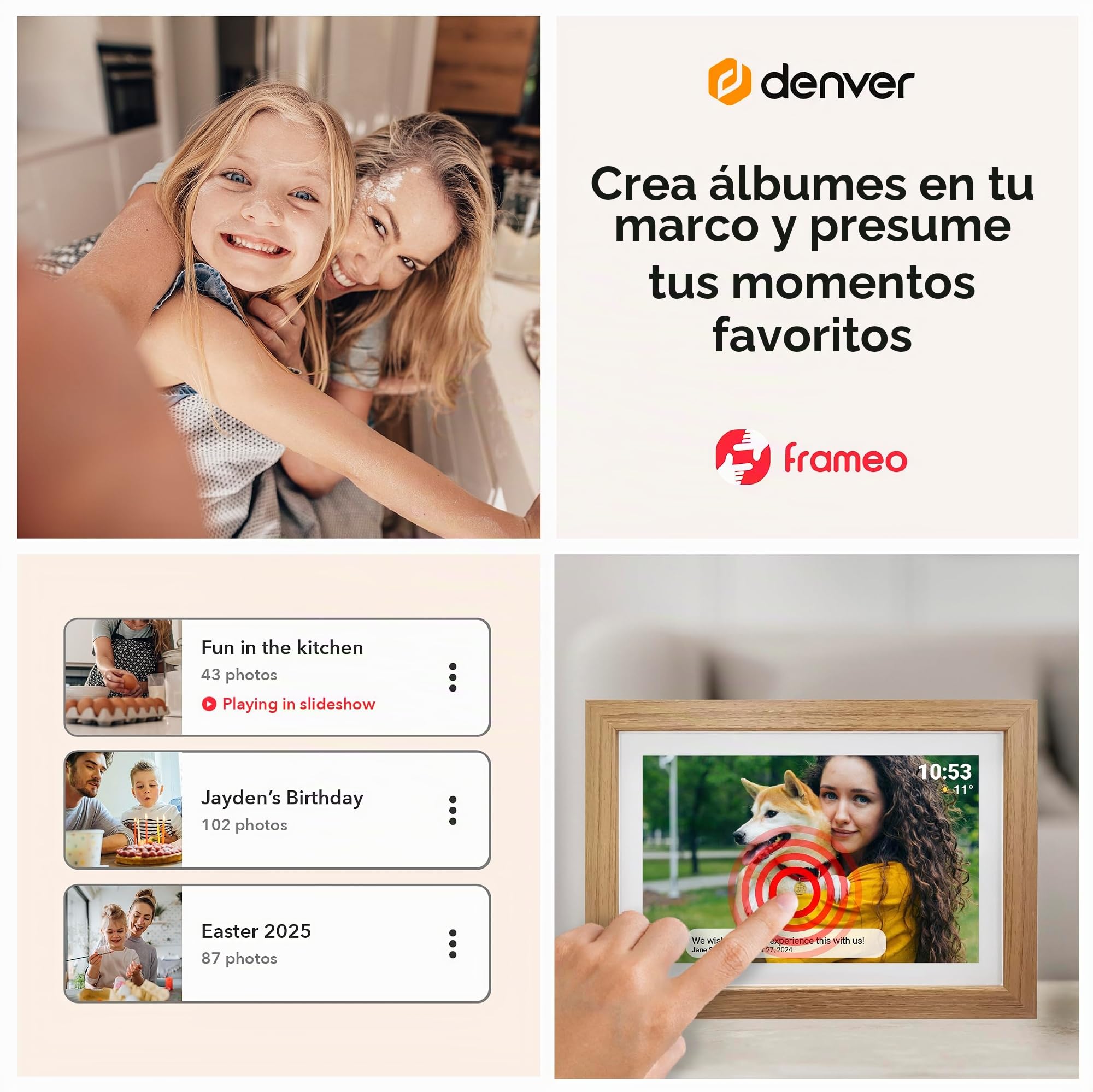 Denver Frameo Marco Digital WiFi 15,6 Pulgadas, Pantalla Full HD IPS táctil 1920 x 1080, 16 GB, App Frameo, Color Madera Clara