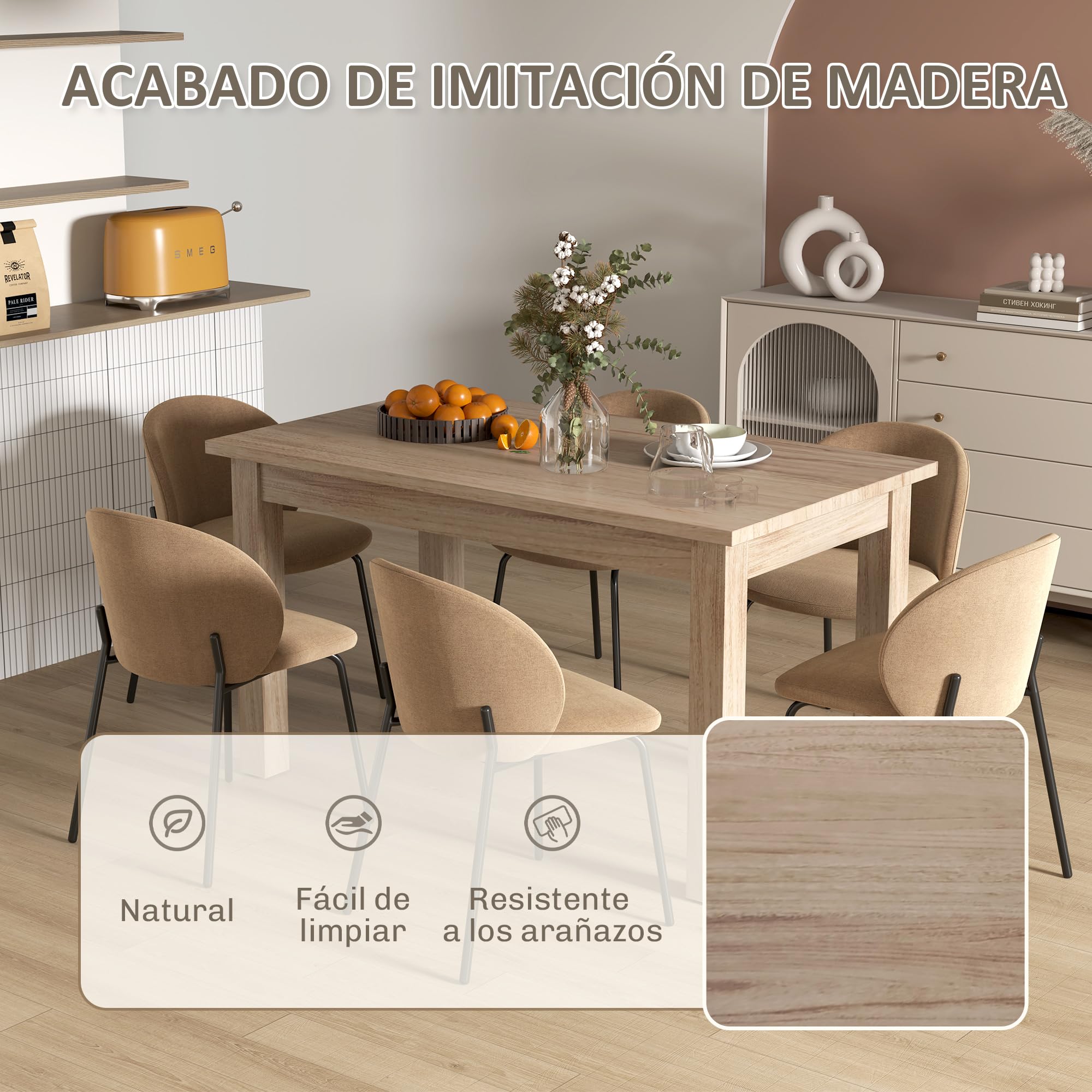 HOMCOM Mesa de Comedor para 6 Personas Salón Cocina 140x80x78 cm Natural | Mesa de Cocina, Tablero Laminado