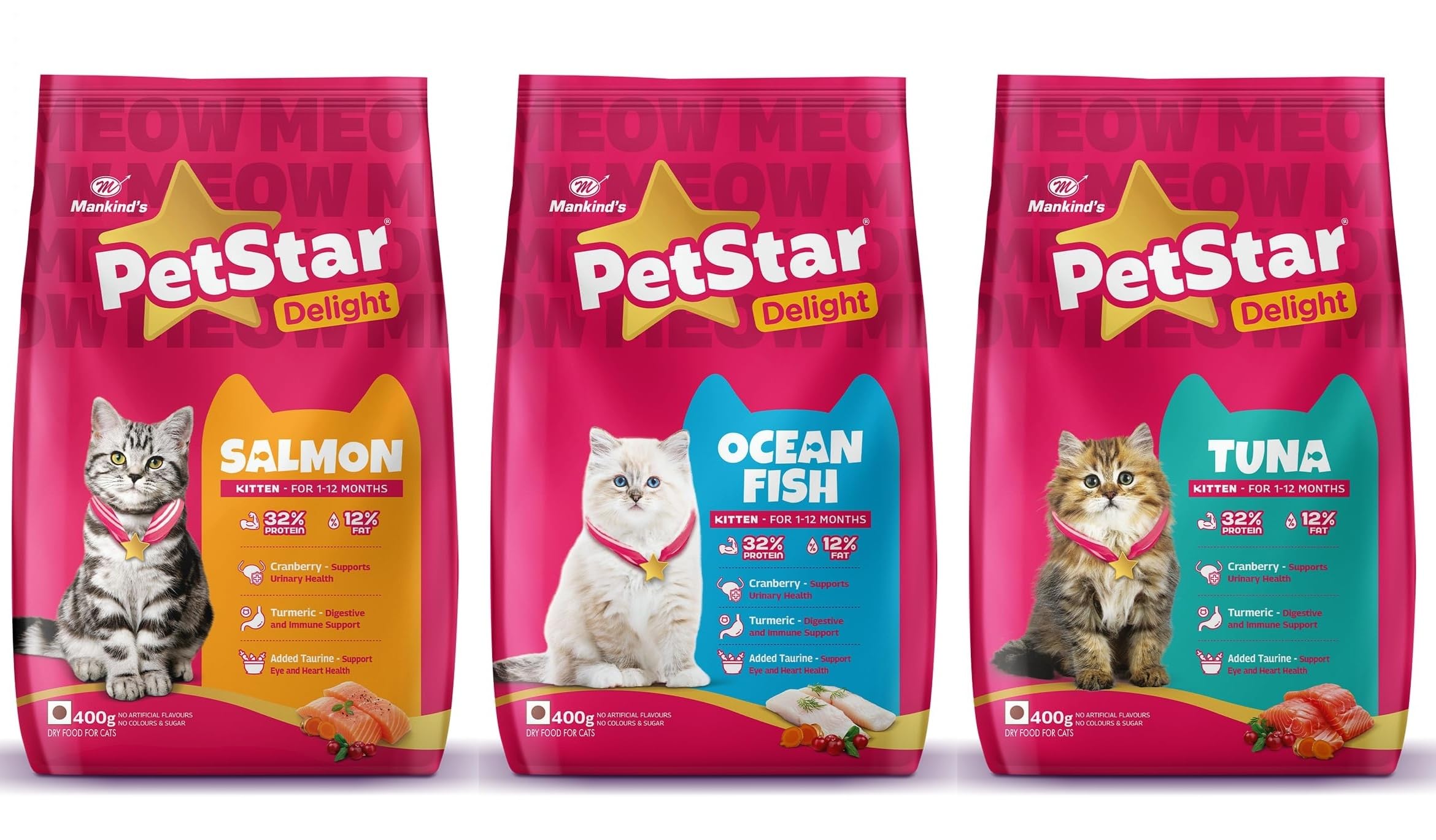 Mankind PetStar Kitten Dry Cat Food Variety Combo (400g x 3 Packs): Salmon, Ocean Fish & Tuna Flavours | Growth, Hairball & Digestive Care-image-20