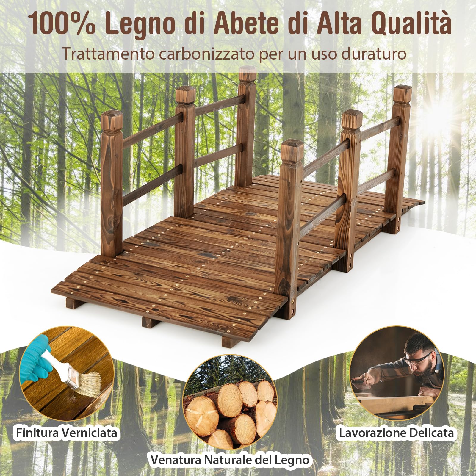 COSTWAY Ponte da Giardino in Legno, Ponte Decorativo ad Arco con Doppie Sbarre di Sicurezza, Struttura in Abete per Percorso Esterno per Cortile, Strada di Ghiaia, Ruscello, Fattoria (Legno)
