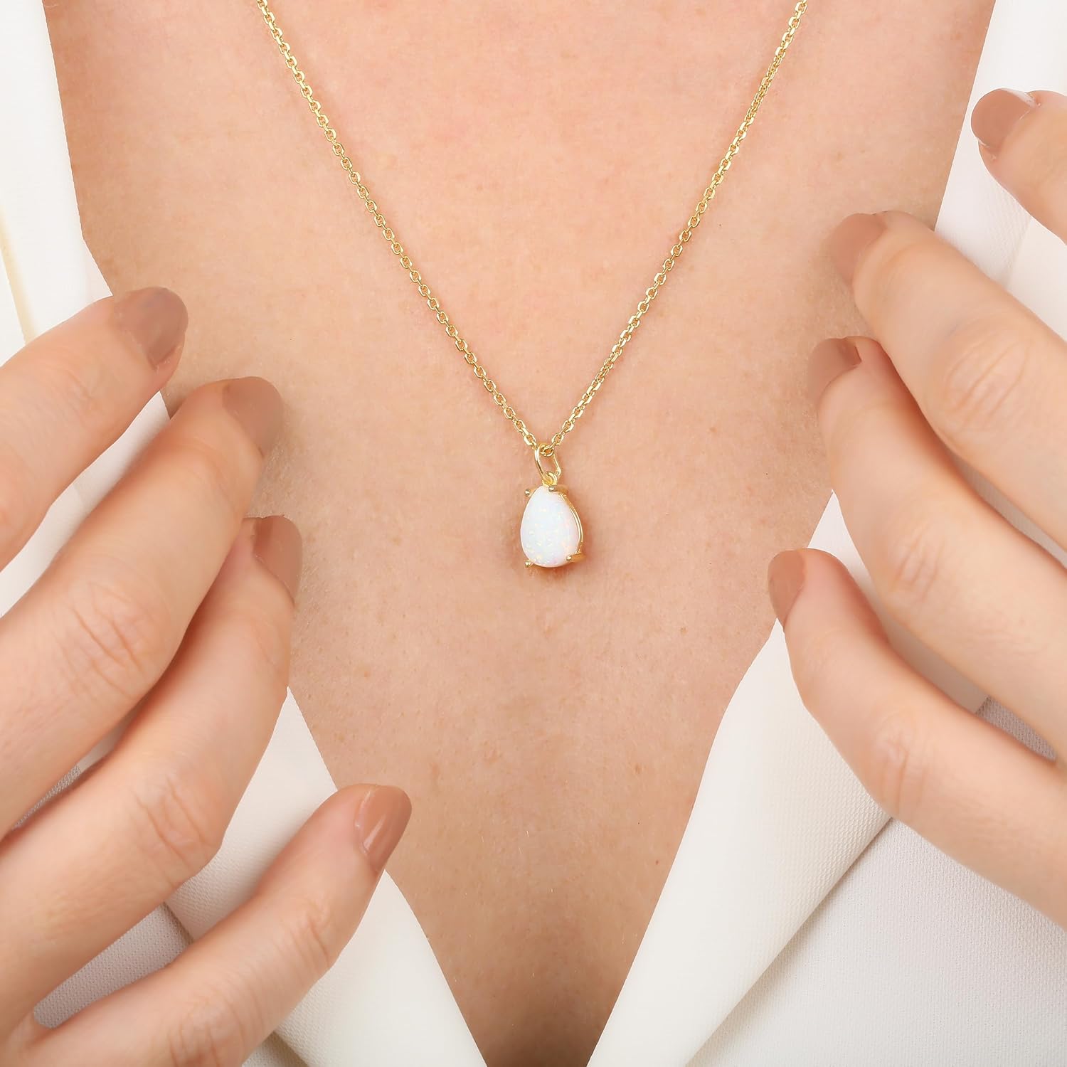 14k Gold Plated Blue Opal Necklace, Handmade Pear Cut Pendant, 7x10mm October Birthstone Opal Gemstone, Dainty Teardrop Bridal Wedding Jewelry for Women