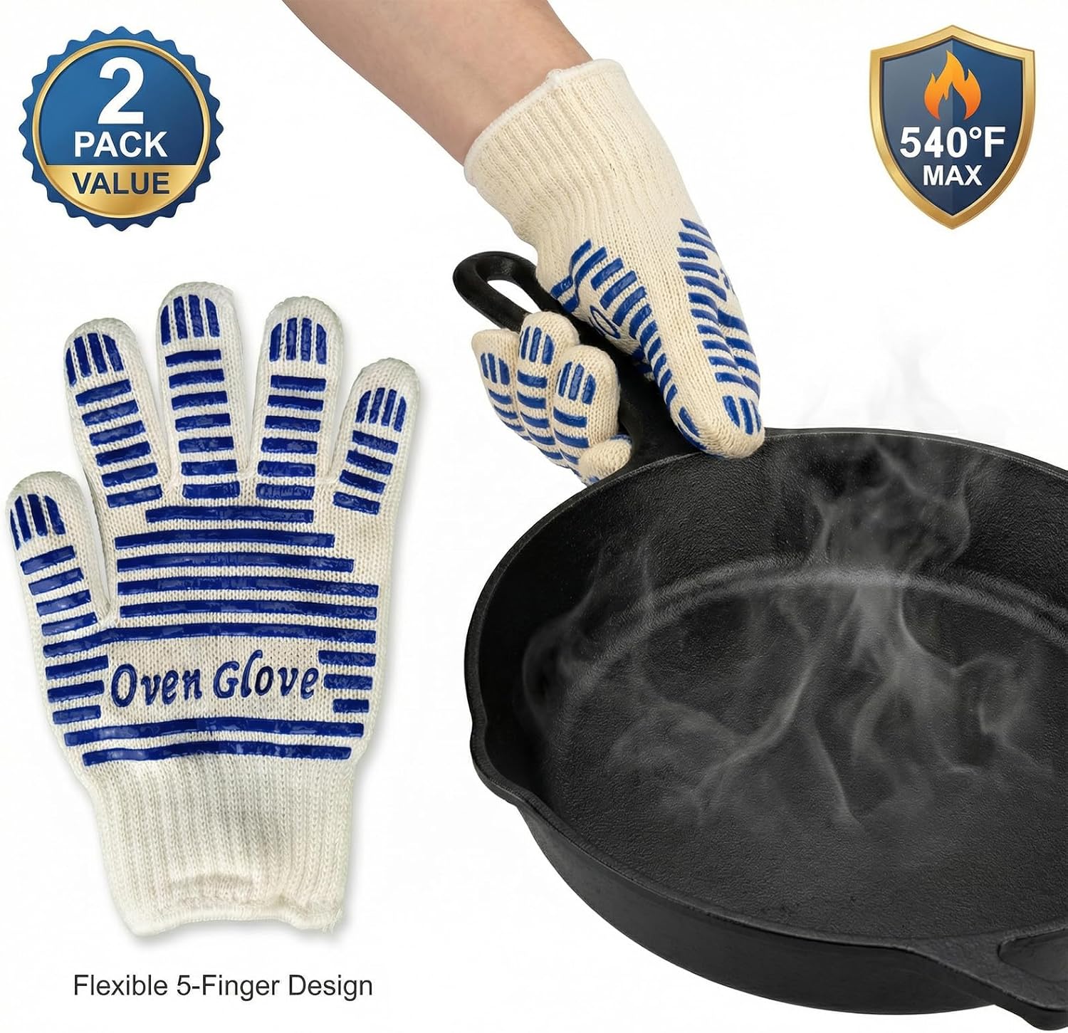 Heat Resistant Oven Gloves - 2 Pack, 540 Degree Professional Grade Oven Mitts with Fingers, Non-Slip Silicone Grip Cooking Gloves for Baking, Grilling, BBQ, Fireplace and Sourdough
