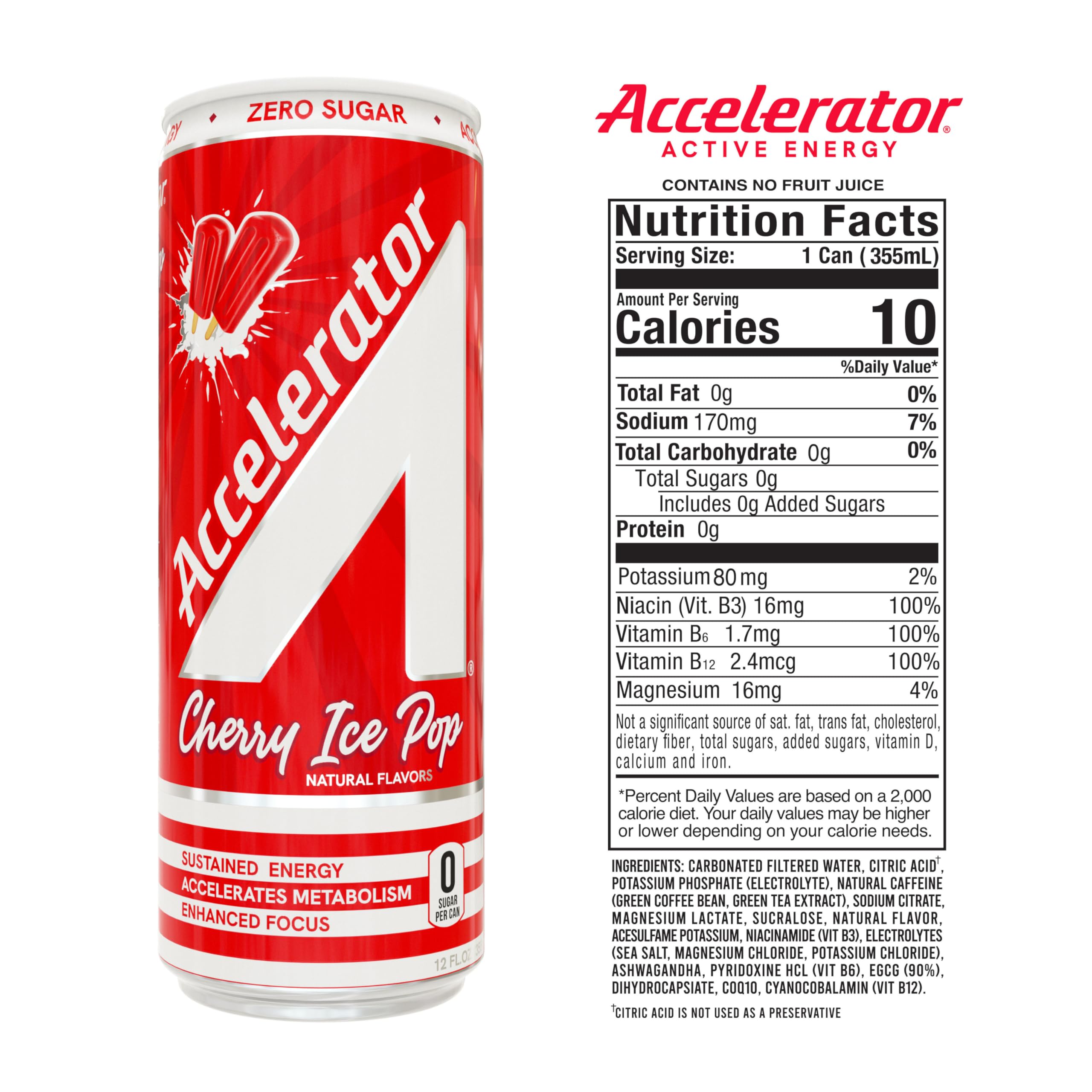 A SHOC Accelerator Cherry Ice Pop Energy Drink, 12 fl oz can