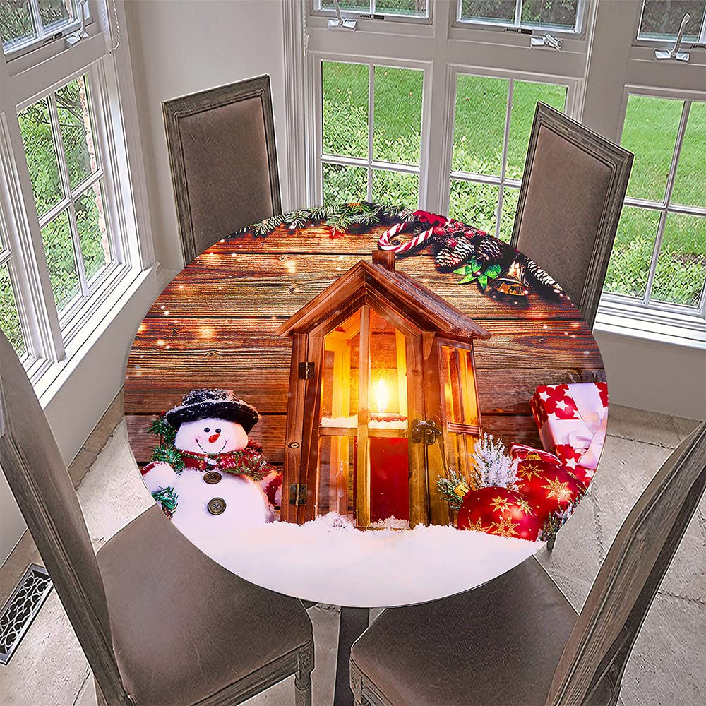 Hixingo Mantel Redondo 3D Navidad Mantel Antimanchas, Mantel con Borde Elástico Lavable Poliéster Mantel Mesa, para Fiesta de Navidad, Cena (Candle Cottage,Diámetro 180 cm)