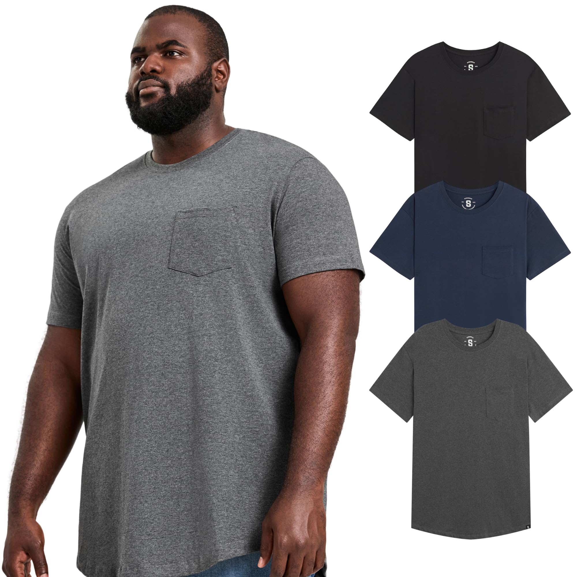 STRONGSIZE Mens Big and Tall Pocket Tee Shirts Stretch Cotton Longer Length Premium Crewneck Sizes XL 8XL