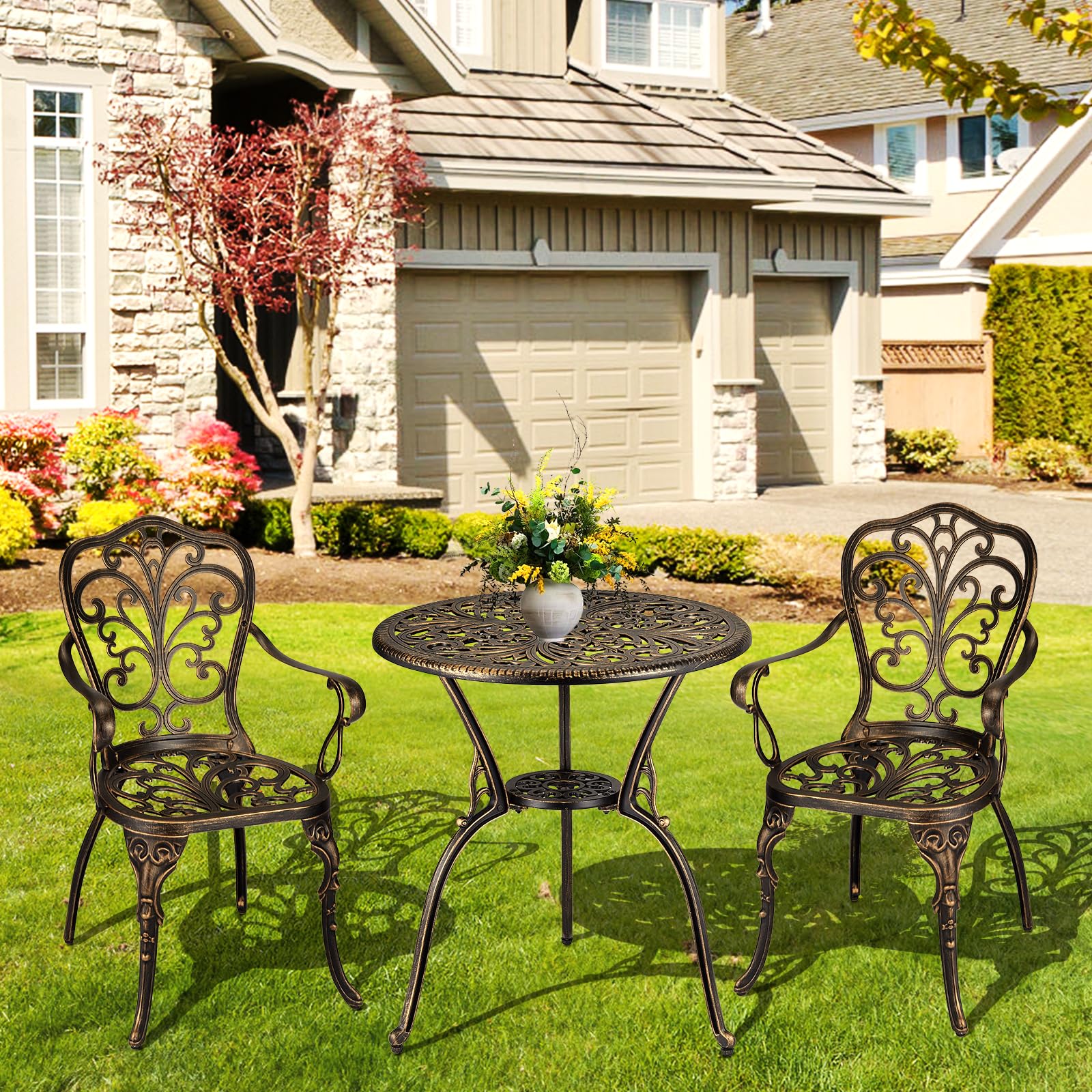3-teiliges Bistro-Set aus Aluminium-Druckguss – Tisch mit Sonnenschirm-Portal – 2 Stühle wetterfest – ideal für Garten, Terrasse, Balkon, Pool – Farbe Bronze