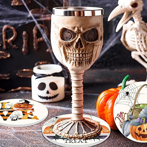 Miniatura 6 de Whaline 6 posavasos de Halloween, de cerámica, acuarela, con patrón de gnomo de calabaza, posavasos para decoración de mesa, suministros de fiesta,
