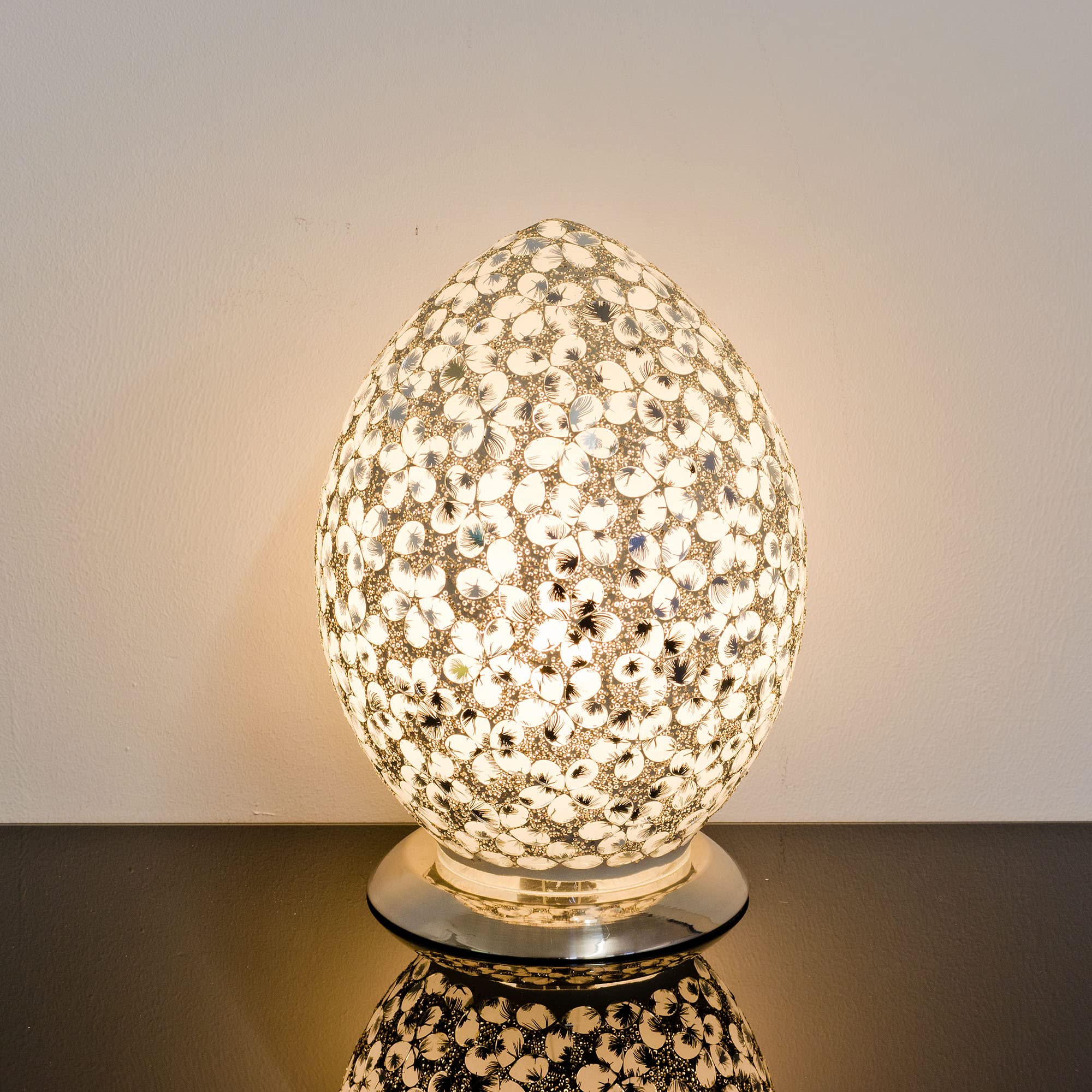 Design By Pepper Tile Glass Crackle Table Light Mosaic Egg Lamp with Chrome Base for Bedroom Kitchen and Lounge (White Flower)