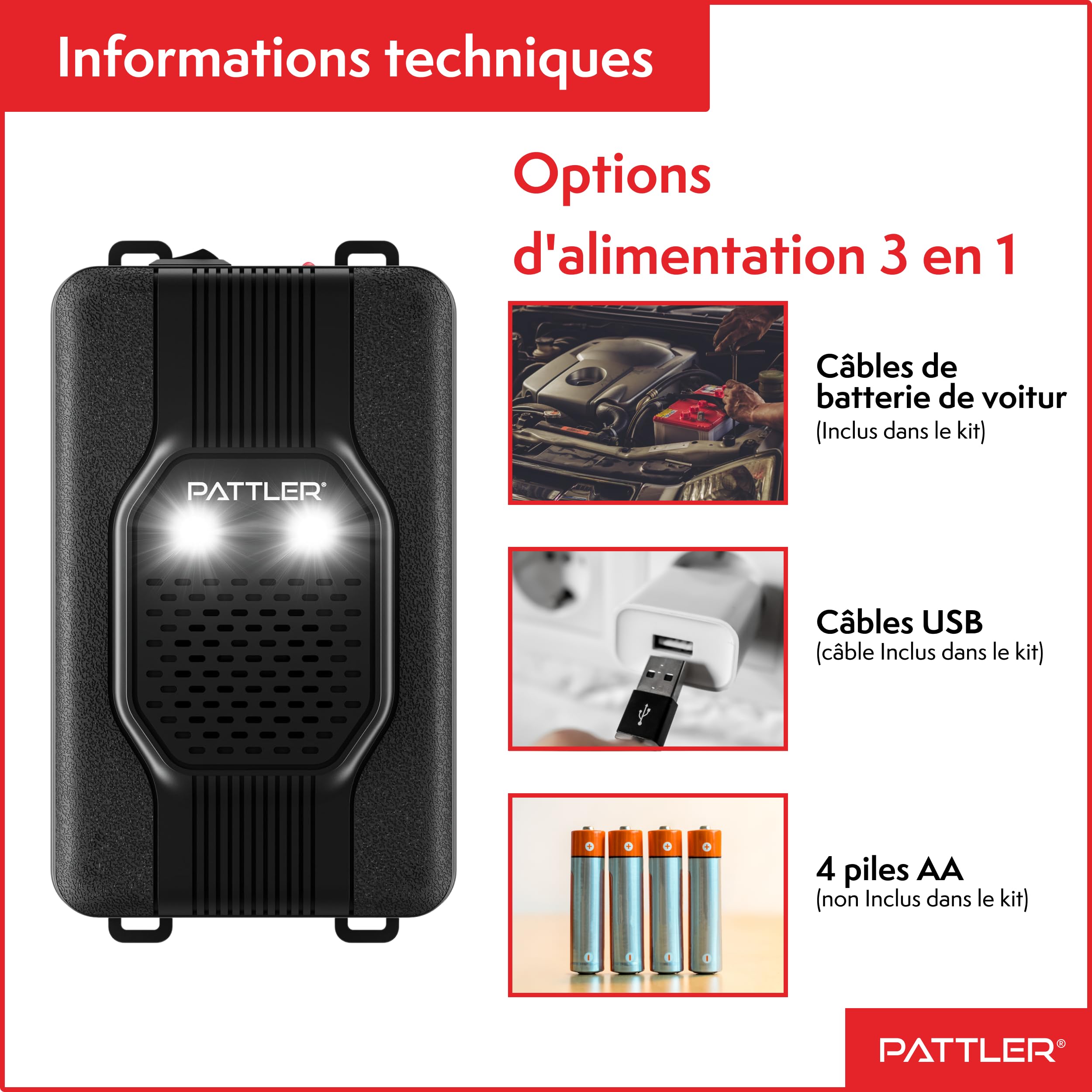 PATTLER® Anti Martre à Ultrasons avec Lumière – Répulsif Anti Martre pour Voiture avec Alimentation 12V, Piles AA ou USB, Protection Efficace contre les Martres. 1 Unité