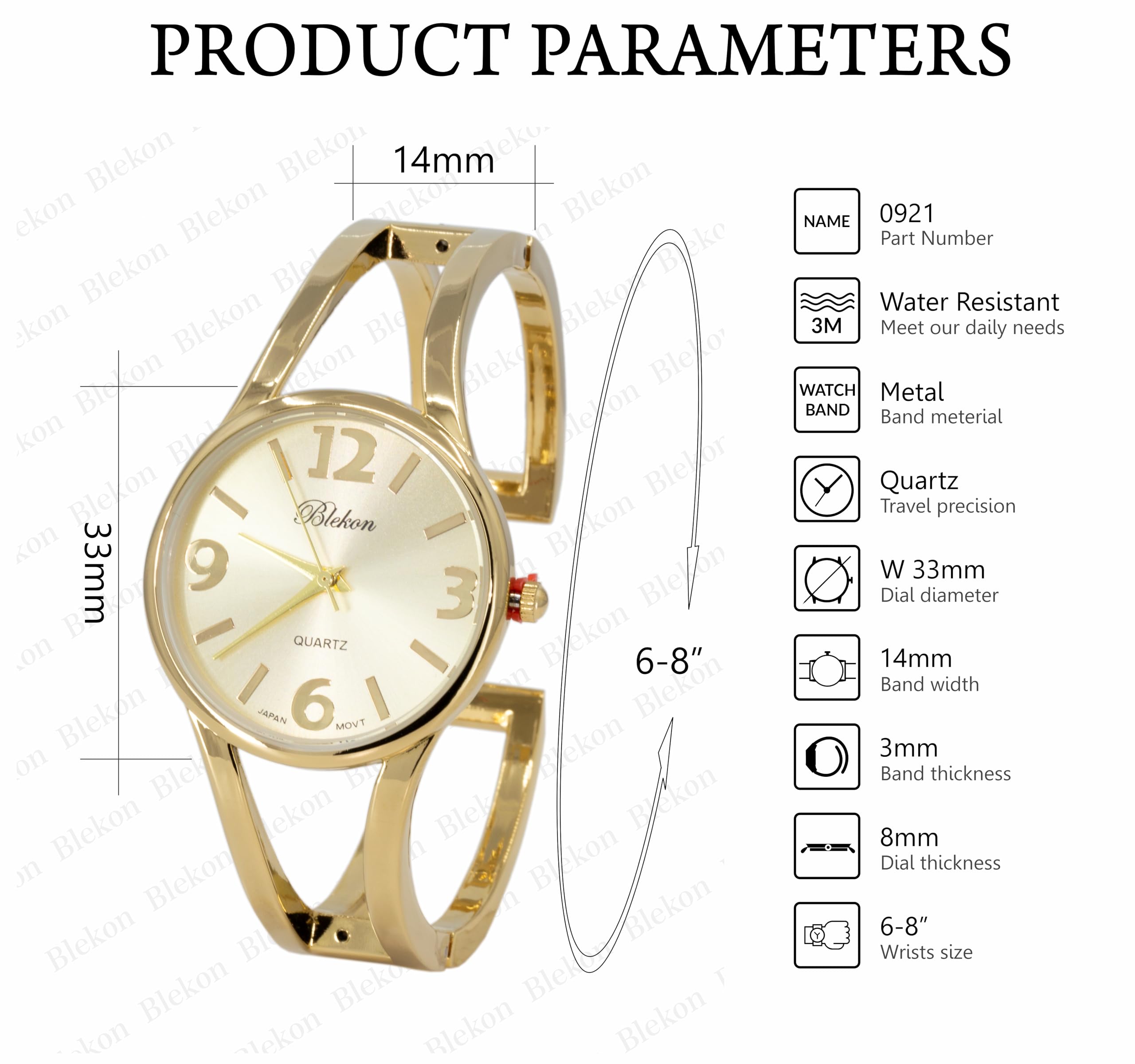 Blekon Collections Analog Quartz Women's Elegant 33mm Case Casual Metal Cuff Bangle Watch (Gold)…